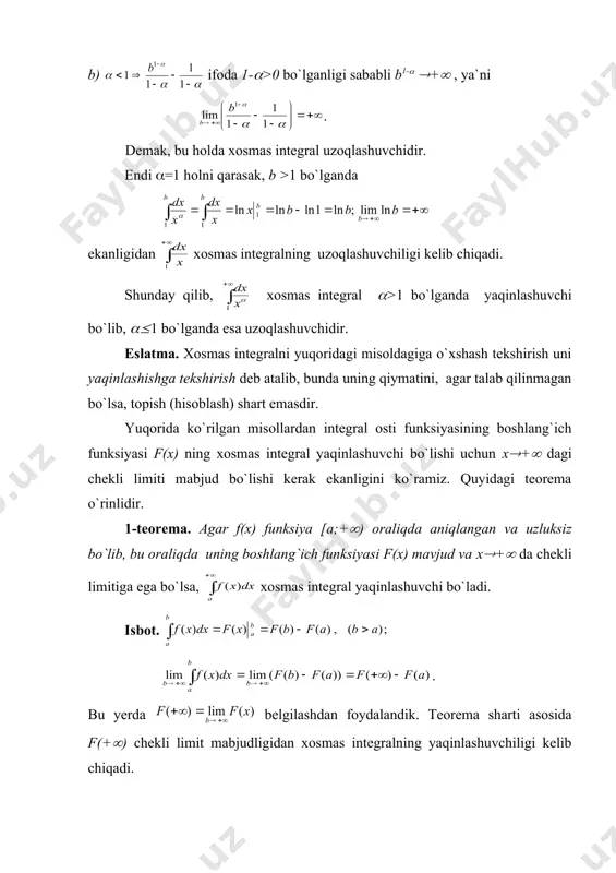 uchun aniq integral mabjuddir. agar ((+0 da bu integralning chekli limiti mabjud bo`lsa, bu limit f(x) funksiyaning [a;b) oraliq bo`yicha xosmas integrali deyilib, bilan belgilanadi. bu belgilash aniq integral belgisidan farq qilmaydi, ammo bu yerda f(x) integrallash oralig`ida chegaralanmagan ekanligini unutmaslik kerak. demak, ta`rif bo`yicha . (5) 2-misol. integral hisoblansin. yechish. da uzluksiz , ammo f(1-0)=+( ya`ni cheksiz katta. > restart; > with(plots): warning, the name changecoords has been redefined > plot(1/sqrt(1-x), x=-6..6, y=-1..10,color= blue, thickness=2); demak, bu integral xosmasdir. > int( 1/sqrt(1-x), x=0..1); 2 2. xuddi yuqoridagiga o`xshash f(x) funksiya (a;b] oraliqda uzluksiz bo`lib, f(a+0)=( bo`lsa, xosmas integralni (6) ko`rinishda ta`riflaymiz. 3. agar f(x) funksiya (a;b) oraliqda uzluksiz bo`lib f(a+0)=(, f(b-0)=( bo`lsa, c( (a;b) ixtiyoriy nuqta yordamida xosmas integralni (7) ko`rinishda ta`riflaymiz. 3. umumiy hol agar f(x) (a;b) oraliqning chetki va ba`zi bir ichki c1 restart; > with(plots): warning, the name changecoords has been redefined > plot(1/sqrt(abs(x*(x^2-1))), x=-6..6, y=-1..10,color= …