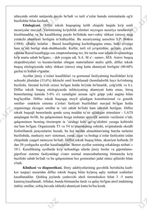 olish jarayonining buzilishi - to'sh ortidagi buqoqning ko'p uchraydigan belgilaridan biridir. aksariyat (ayniqsa to'sh ortidagi buqoqda), bemorlar tanani engashtirganda boshda og'irlik sezishga shikoyat qiladilar. bunday bemorlarni ko'zdan kechirganda bo'yin venalarining kengayganligini, ko'krak qafasi devorining yuqori qismi sohasida o'ziga xos «meduza boshi» tasvirini qayd qilish mumkin. nafas olishning buzilishi «buqoqqa xos yurak» kabi o'zgarishlarga sabab bo'ladi. simpatik nerv tutamlarining ezilishi oqibatida - gorner simptomi (ptoz, mioz, enoftalm) paydo bo'lishiga, ezilgan tarafdagi tana yarmida ter ajralishining kuchayishiga olib keladi. til osti suyagi pastida joylashgan buqoqda, xiqildoq usti qopqog'i qisilishi oqibatida nafas olish jarayoni buziladi. ayniqsa buqoqning bir qismi qizilo'ngach orqasida joylashganda yutish, boshni burish qiyinlashadi. k ontrast modda (bas04) yordamida qilinadigan rentgenologik tekshiruv aberrant buqoq sohasida bariyning ushlanib qolishini, qizilo'ngachning oldingi tomon yoki lateral yo'nalishda birmuncha surilganligini aniqlashga yordam beradi. aberrant buqoq - patologik kattalashgan qo'shimcha qalqonsimon bez bo'lib, ko'pincha xavfli o'smaga aylanishi mumkin. qalqonsimon bez saratoni (rak) ning bo'yin limfatik tugunlariga …