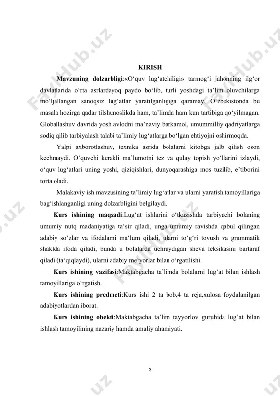 hida lug’at bilan ishlash tamoyilining nazariy hamda amaliy ahamiyati. «lug‘atni egallash» atamasi – bu nafaqat so‘zni o‘zlashtirish, uni tushunish, balki uni albatta qo‘llash, nutqiy faoliyatda foydalanish demakdir. insonning yuqori nutq madaniyati, lug‘atining boyligi haqida u «eshitilgan», insonning jonli nutqini bezab turgan taqdirdagina so‘z yuritish mumkin. lug‘at ishidagi asosiy jihat – bu faqat bolalarga yangi so‘zni tanishtirish emas, balki ularni faol nutqqa kiritishdir. maktabgacha ta‘lim muassasasidagi lug‘at ishi – bu bolalarning faol lug‘atini notanish yoki ular uchun qiyin bo‘lgan so‘zlar bilan reja asosida boyitib borishdan iboratdir. o‘zbek tili lug‘ati to‘xtovsiz tarixiy rivojlanish jarayonida bo‘ladi. undagi o‘zgarishlar eng avvalo insonning ishlab chiqarish faoliyati, jamiyatning rivojlanishi bilan bog‘liqdir. yangi narsalar va hodisalarning paydo bo‘lishi bilan ularni nomlovchi yangi tushunchalar va so‘zlar ham paydo bo‘ladi. bundan tashqari ilgaridan mavjud bo‘lgan ayrim so‘zlar yangilanadi, ularning ma‘nosi o‘zgaradi, ko‘p so‘zlar muomaladan chiqib ketadi. bolalar bilan lug‘at ishlarini o‘tkazishda so‘zning rivojlanuvchi tusga egaligini hisobga olish zarur. o‘zbek …