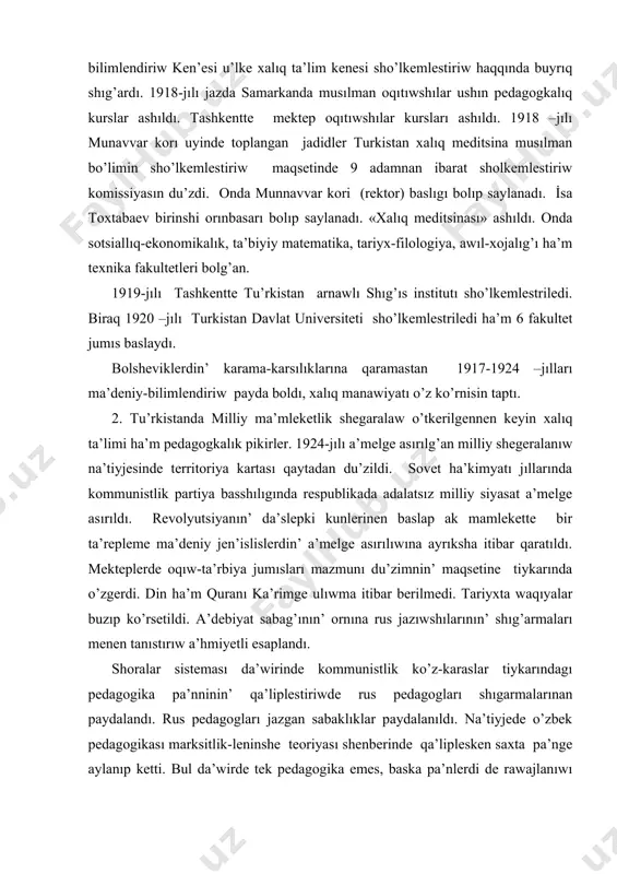 biri m.behbudiy bolg’an.ol jadid mektepleri ushın ha’m teoriyalıq ha’m a’meliy ta’replerden bilim beriwde o’z ku’sh jigerin ayamadı. tiykarınan alg’anda jadid so’zi arabshadan alıng’an bolıp, jan’a degen ma’nisti bildiredi. demek bul eki usıldag’ı mekteplerde jan’a usıl mektepleri degen ma’nisti bildiredi. bul mekteplerde oqıg’an talbalar ha’tte shet u’lkelerdede oqıwındawamettirgen. bul mektep do’retiwshileri m.behbudiy, s.sadiazizov, a.avloniy, s.a.siddiqiy, munavvar qori,a. shakuriy edi. o’zbek pedagogikası tariyxı usınday ha’r tu’rli protsessler menen rawajlanıp keldi. o’zbekstanda 1917-1924 jıllarda mektep ha’m bilimlendiriw 1917-jılg’ı revolyutsiyalan keiyn oraylıq aziyada xalıqları turmısında sotsiiallıq-siyasiy, ekonomikalıq, manawiy-ideologiyalıq xam xalıq bilimlendiriw tarawlarında keskin o’zgerisler boldı. turkistan ulkesinde milliy demokratiya wa’killeri, ataqlı bilimlendiriw ziyalıları jan’a usıldag’ı mekteplerdi ken tarmag’ın jaratıw, mektep-bilimlendiriw barısında tez reformalardı a’melge asırıw ju’zesinen bir qansha usınıslar ilgeri su’rildi. bul da’wirde milliy ziyalılılar xızmeti ken tus algan, solardan jadidshiler maxmudxoja bexbudiy, munavvar korı, s.ayniy, fitrat, sholpan, a.kodriy, a.avloniy, xamza, g’. yunus, xurshid ha’m basqalar ziyalılar ma’deniyat, bilimlendiriw tarawlarında janku’yerlik etti ha’m jan’a …