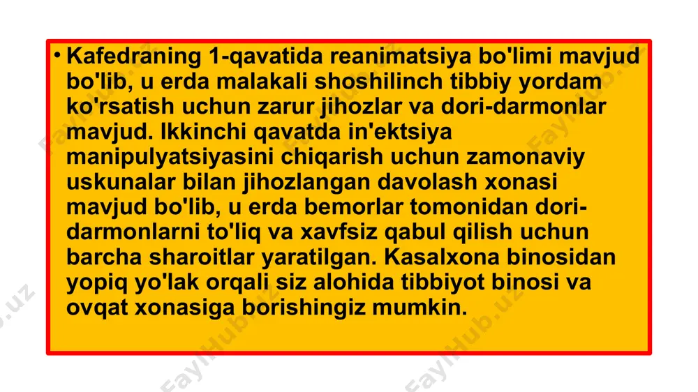 asadan chiqqan bemorlar sonining umumiy bemorlar soniga nisbatan foizini ko‘rsatadi. 3. o’rtacha davolanish davri (average length of stay, alos): • formula: ushbu ko‘rsatkich bemorlarning o‘rtacha davolanish vaqtini ko‘rsatadi. alos juda yuqori yoki juda past bo’lishi kerak emas, chunki bu muassasaning resurslari va bemorlarning holatiga bog‘liq. 4. rehospitalizatsiya darajasi: • bu ko‘rsatkich bemorlar davolanishni tugatib, qisqa muddat ichida qayta kasalxonaga yotqizilganini ko‘rsatadi. rehospitalizatsiya darajasi yuqori bo‘lishi, dastlabki davolash sifatining pastligini yoki bemorning holatiga e’tiborning yetarli emasligini ko‘rsatadi. 5. liniyali o’lim darajasi: • formula: • bu ko‘rsatkich tibbiy muassasaning samaradorligini baholashda muhim ahamiyatga ega. o’lim darajasi yuqori bo‘lsa, bu tibbiy yordamning sifati yoki boshqaruvdagi muammolarni ko‘rsatishi mumkin bemorlar tashxisi va davolanish samaradorligi: • tashxis qo‘yish va davolashda samaradorlikni tahlil qilish, kasalliklarning rivojlanishining oldini olishda muhimdir. tashxislar statistikasi va davolash natijalari muassasaning ishlash ko‘rsatkichlarini baholashda qo‘llaniladi. statsionar muassasalarining ish faoliyatini tahlil qilish usullari: 1. statistik tahlil: • bemorlarning yotish va chiqish statistikasi, o‘rtacha …