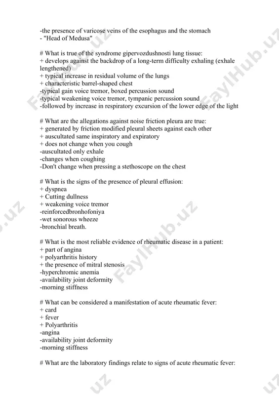 f pleural effusion: + dyspnea + cutting dullness + weakening voice tremor -reinforcedbronhofoniya -wet sonorous wheeze -bronchial breath. # what is the most reliable evidence of rheumatic disease in a patient: + part of angina + polyarthritis history + the presence of mitral stenosis -hyperchromic anemia -availability joint deformity -morning stiffness # what can be considered a manifestation of acute rheumatic fever: + card + fever + polyarthritis -angina -availability joint deformity -morning stiffness # what are the laboratory findings relate to signs of acute rheumatic fever: + increase esr + increase in blood levels of a- and y-globulins + increase in titersanti streptococcus at -thrombocytopenia -the presence of le-cells -the presence of philadelphia chromosome # what occurs as a complication of myocardial infarction: + cardiac aneurysm + dressler's syndrome + thromboembolism various localization -hepatic cell failure -coma -hepatic failure # what are the auscultatory signs are not typical of …