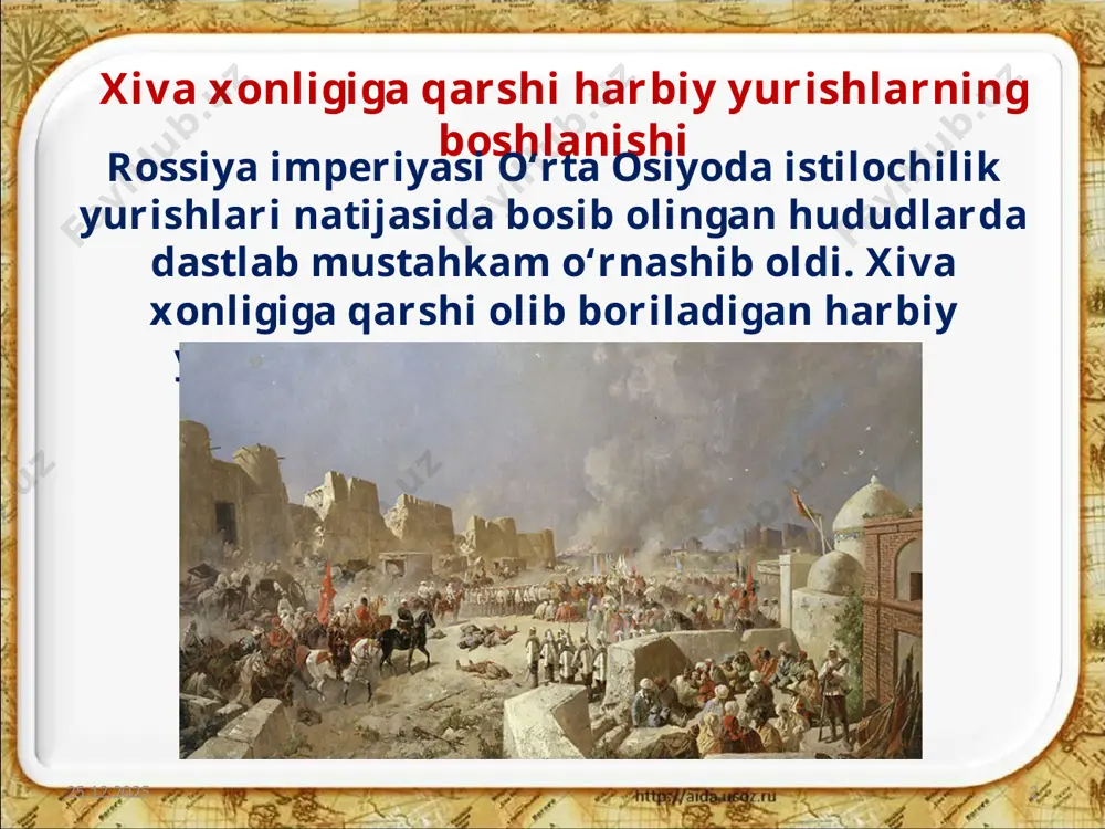 k. p. kaufman xivani egallagandan so‘ng xiva xonligi bilan muzokaralar o‘tkazish uchun gandimiyon qishlog‘idagi qarorgohiga bordi. u taklif etgan sulh shartnomasini xiva xoni muham­mad rahimxon ii 1873-yil 12-avgustda imzolashga majbur bo‘ldi. gandmiyon shartnomasining imzolanishi ushbu shartnoma xiva xoni rossiya imperiyasi tobeligiga o‘tganligini ko‘rsatardi. 20.08.2020 10 shartnomaning birinchi moddasida: «sayid rahim bahodirxon o‘zini butun rossiya imperatorining sodiq xodimi deb tan oladi. xiva xoni mustaqil ravishda tashqi dunyo, hatto yaqin qo‘shnilari bilan ham aloqa o‘rnatish imkonidan mahrum etildi. faqat ular bilan rossiya imperiyasi roziligi bilangina aloqa qila oladigan bo‘ldi. 20.08.2020 11 gandimiyon shartnomasida: «amudaryoning chap qirg‘og‘idagi ruslar uchun zarur va qulay bo‘lgan yerga ular o‘zlarining pristanlarini qurish huquqiga ega. 20.08.2020 12 xonlik ushbu pristanlarning saqlanishi va xavfsizligi uchun javobgar. shartnomaga binoan xiva xonligi 2 million 200 ming rubl miqdoridagi tovonni 20 yil davomida to‘lashi belgilandi. xonlik xazinasida yetarli darajada pul bo‘lmaganligi uchun bu tovon aholidan yig‘ib olinadigan bo‘ldi. 20.08.2020 13 gandimiyon shartnomasi …