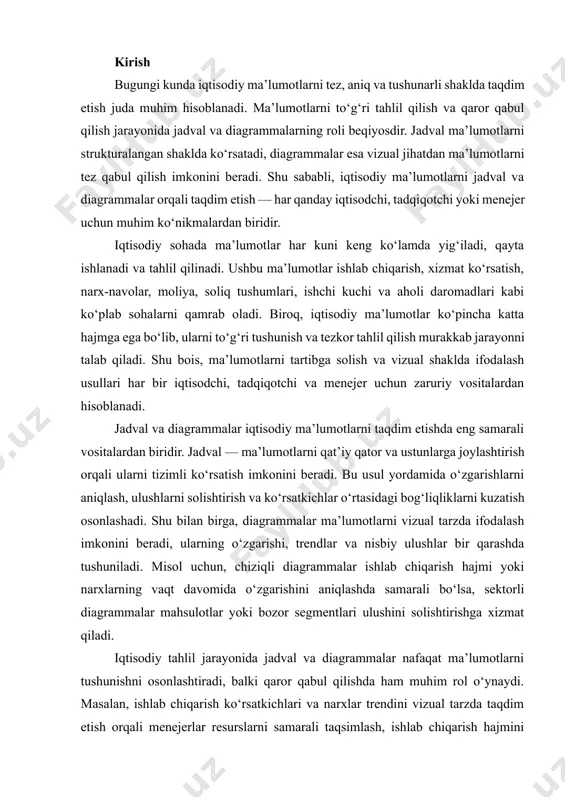 o‘lsa, sektorli diagrammalar mahsulotlar yoki bozor segmentlari ulushini solishtirishga xizmat qiladi. iqtisodiy tahlil jarayonida jadval va diagrammalar nafaqat ma’lumotlarni tushunishni osonlashtiradi, balki qaror qabul qilishda ham muhim rol o‘ynaydi. masalan, ishlab chiqarish ko‘rsatkichlari va narxlar trendini vizual tarzda taqdim etish orqali menejerlar resurslarni samarali taqsimlash, ishlab chiqarish hajmini oshirish yoki narx siyosatini optimallashtirish bo‘yicha tezkor va asosli qarorlar qabul qila oladi. shuningdek, statistik ma’lumotlarni vizual tarzda ko‘rsatish investorlar, davlat organlari va boshqa manfaatdor tomonlar uchun iqtisodiy vaziyatni tushunishni soddalashtiradi. shu nuqtai nazardan, iqtisodiy ma’lumotlarni jadval va diagrammalar yordamida taqdim etish mavzusi ilmiy va amaliy jihatdan dolzarb hisoblanadi. bu mavzu nafaqat ma’lumotlarni tizimli ko‘rsatish va tahlil qilishga, balki iqtisodiy jarayonlarni monitoring qilish, resurslarni samarali boshqarish va strategik rejalashtirishga ham xizmat qiladi. tadqiqotning asosiy maqsadi — iqtisodiy ma’lumotlarni samarali vizual shaklda taqdim etish usullarini aniqlash, ularning turlari va amaliy qo‘llanishini o‘rganishdir. 1. jadval va diagrammalar haqida umumiy ma’lumot 1.1. jadvalning mohiyati va …