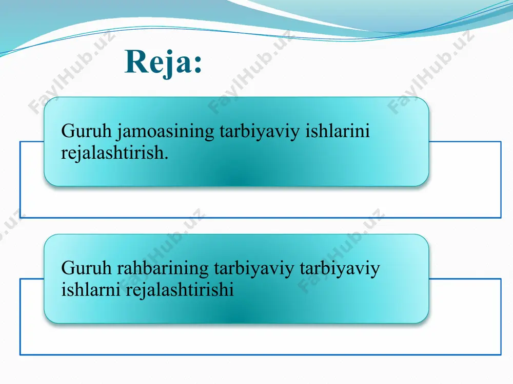 rini shakllantiradi, axloqiy tarbiyasini rivojlantiradi. o`quvchilarni darsdan tashqari tadbirlarni tashkil etadi va sinf jamoasini mustahkamlaydi. 2. o`quvchilarning bilimga bo`lgan qiziqishi va qobilyatini o`stirish har bir o`quvchining indivudial psixik xususiyatlarini hisobga olgan holda kasbga yo`naltirish va hayotiy maqsadlarini shakllantirish sinf rahbarining alohida vazifasidir. ayni paytda har bir o`quvchining sog`ligini mustahkamlashga ham e`tibor beradi. 3. sinf rahbarining diqqat markazida o`kuvchilarning darsda yuqori o`zlashtirishini ta`minlash masalasi turadi. buning uchun u har bir o`quvchining kundalik o`zlashtirishida voqif bo`lib turadi. orqada qolayotganlarga o`z vaqtida, kechiktirmay yordam uyushtiradi. 4. sinfdagi o`quvchilarnint o`z o`zini boshqarish ishlarini yo`naltiradi, ular ishtirokida sinf jamoasining ijtimoiy foydali ishlardagi ishtirokini ta`min etadi, maktab miqiyosida uyushtirilayotgan muhim tadbirlarda o`z sinfining faol qatnashishini ta`minlaydi. 5. sinf o`quvchilarining ota-onalari, o`quv kuni o`zlashtirilgan guruhlarning tarbiyachilari, korxonalar va muassasalardagi, turar joylardagi otaliqqa oluvchilar bilan yaqin aloqa o`rnatadi. 6. sinf rahbari shu sinfda dars berayotgan barcha fan o`qituvchilari o`rtasida o`quvchilarga nisbatan yagona talablar o`rnatilishiga erishadi, ota-onalarga pedagogik bilim …
