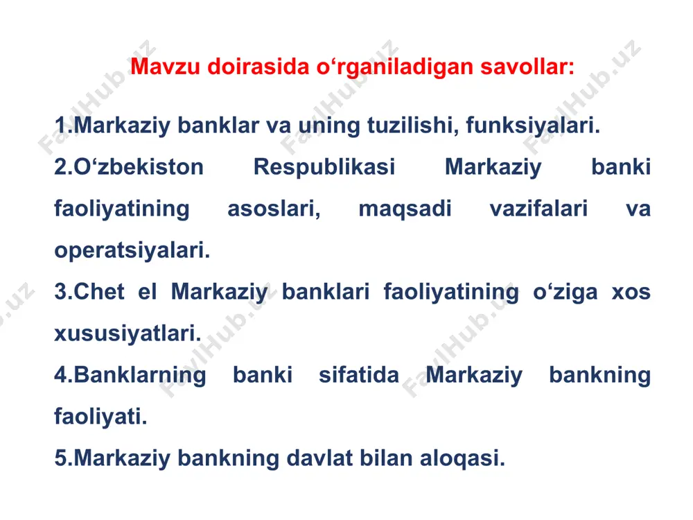 abki funksiyalaridan biri hisoblanadi. ma’lumki, muomaladagi pul massasi hajmini oshirish yoki kamaytirish aynan markaziy bankning banknotlarni emissiya qilish funksiyasi bilan bog‘liq bo‘lib, uning hajmi iqtisodiyotdagi pul massasining hajmi bilan belgilanadi. markaziy bankning pul-kredit munosabatlarini tartibga solish funksiyasining asosiy maqsadi milliy valyutaning barqarorligini ta’minlashga qaratilgan bo‘lib, ushbu funksiya qator pul-kredit instrumentlari orqali amalga oshiriladi. ushbu instrumentlar sifatida: 1) tijorat banklariga nisbatan o‘rnatilgan majburiy zaxira siyosati; 2) tijorat banklarini qayta moliyalash siyosati (hisob stavkasi); 3) ochiq bozordagi siyosati; 4) valyuta va depozit siyosatlarini keltirish maqsadga muvofiq. markaziy bank banklarning banki sifatida mamlakatdagi barcha kredit muassasalariga litsenziya beradi va ularni qaytarib oladi, shuningdek, tegishli iqtisodiy me’yorlar asosida kredit muassasalari faoliyatini tartibga solib, ularning ustidan tegishli nazoratni amalga oshiradi. markaziy bank hukumatning banki funksiyasini bajarishda asosiy e’tibor hukumatning oltin va valyuta zaxiralarini saqlash va ularni tasarruf qilish, shuningdek, davlat byudjeti taqchilligini qoplash maqsadida tegishli moliyaviy yordamni (kredit) berishga qaratiladi. markaziy bankning pul-kredit siyosati markaziy …