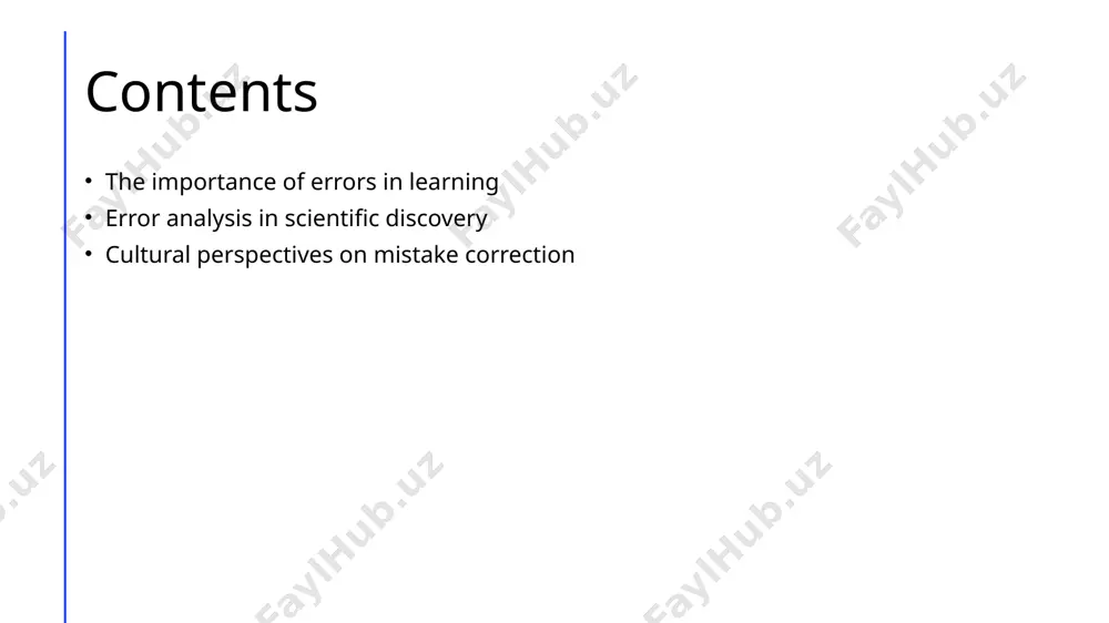 ial feedback, guiding students and educators in identifying gaps in knowledge, thus promoting targeted learning interventions for effective skill enhancement. 4 cultural perspectives - different cultures, including uzbek, often view errors as learning opportunities. integrating these perspectives can enrich educational practices and promote a supportive learning atmosphere. the critical role of error analysis in advancing scientific knowledge. 1 understanding errors - error analysis involves systematically identifying and studying mistakes to enhance understanding. this process uncovers underlying issues, fostering a robust scientific inquiry. 2 methodological improvements - analyzing errors leads to methodological refinements in research. by recognizing flaws, scientists can adapt approaches, enhancing the reliability and validity of their findings. 3 innovation through failure - errors often act as catalysts for innovation. many scientific breakthroughs arise from unexpected results, encouraging researchers to explore new avenues and rethink hypotheses. 4 cultural perspectives - in many cultures, including uzbekistan, error analysis is integral …
