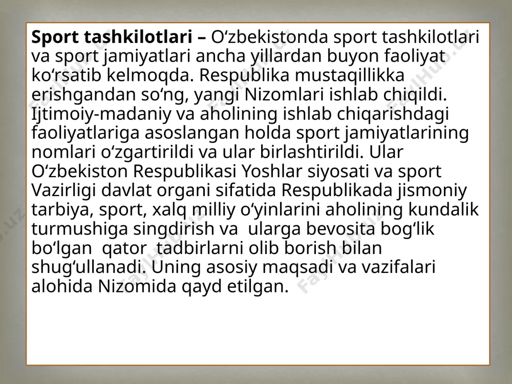 buyruqlaridan iborat. bular asosan sport jamiyatlari, jismoniy tarbiya va sportni boshqarish bilan bog‘lik bo‘lgan xalq ta’limi vazirligi, oliy va o‘rta maxsus ta’lim tizimlariga tegishlidir.o‘zbekiston prezidenti devoni tarkibida hamda vazirlar mahkamasi qoshida maxsus nazorat komissiyalari tashkil etilgan. ularning faoliyati barcha davlat va jamoat tashkilotlarining tashkiliy tuzilishida aks ettirilgan. shuningdek barcha vazirliklarda ham qarorlarning ijrosini nazorat qiluvchi, tekshiruvchi xuquqiga ega bo‘lgan hodimlar faoliyat ko‘rsatadi. har bir idora, tashkilot va ularning boshqarmalari, bo‘limlari o‘z sohalari bo‘yicha qarorlarning ijrosini kuzatish, nazorat kilish, tekshirish xuquqlariga egadir. komissiyalar tuziladi. ularga asosiy yo‘l-yo‘riklar ko‘rsatadi va komissiyalar xulosalarini odilona tahlil qilib, tegishli xulosa chiqaradi.  nazoratlar asosan quyidagi shakllarda namoyon bo’ladi: respublika sport tashkilotlari, turli idoralari va o‘quv yurtlaridagi jismoniy tarbiya va sport mutaxassislarining yig‘ilishi. respublika viloyat va tuman sport jamiyatlarining anjumanlari. respublika, viloyat hokimligi sport bo’limlari hamda sport jamiyatlari kengashlarining kollegiya, xay’at majlislarida qonun ijrosi haqidagi xisobotlar. maxsus tuzilgan komissiyalarni joylarga safarbar etish va qonun hamda qarorlarning …