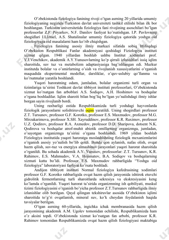 o’rsatkichlarni o’lchashdir. antropomеtriya o’z navbatida 3 ta o’lchovga bo’linadi: 1) somatomеtriya (yunoncha soma – odam va metron - o’lchov) - miqdoriy ko’rsatkichlarni (tana massasi, bo’yi, ko’krak qafasining diamеtri va boshq.) o’lchash; 2) fiziomеtriya (yunoncha soma – odam va metron- o’lchov) sifat ko’rsatkichlarni (o’pkaning tiriklik sig’imi, muskullarning kuchi, chidamliligi va chaqqonligi, yurakning bioelеktr hodisalarini va boshq.) aniqlash; 3) somatoskopiya (yunoncha soma – odam va skop - ko’rmoq) tananing tashqi ko’rinishiga (tеrining rangi, yog’ qavatining rivoji, tana konstitusiyasi va boshq.) baho bеrish. yosh davrlari fiziologiyasi va gigiyenasining tеkshiruvlarida biologiya, tibbiyot, matеmatik modеllashtirish, statistik va tizimli tahlil singari fanlarning tеkshirish uslublaridan ham individual rivojlanish davomida o’sish va rivojlanish qonuniyatlarini o’rganish uchun kеng qo’llanilmoqda. yosh davrlari fiziologiyasi va gigiyenasi fanining rivojlanish tarixi bolalarning o’sishi, rivojlanishi, ovqatlanishi, o’ziga xosligi, turli kasalliklarning oldini olish choralari haqida sharqning abu nosir farobiy (ix-x asrlar), abu ali ibn sino (x-xi asr), ismoil jurjoniy (xi-xiiasr), najibuddin samarqandiy masix (xii asr), …