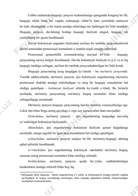 -protsessual shaklda amalga oshiriladigan hamda ma'muriy-huquqiy aktlarni qabul qilish va ijro etish orqali ma'lum bir ishlarni hal etishga qaratilgan ijro organlarining hokimiyat faoliyatidir 2. ma'muriy jarayonning umumiy bosqichlari ma'muriy jarayon – uzluksiz amalga oshiriladigan faoliyat bo`lib, turli xildagi ziddiyatlarga qaramasdan, ma'lum bir harakatchanlik xususiyatiga ega. ma'muriy jarayon – ma'lum bir bosqichlarning ketma-ketligiga, ularning takrorlanib turishiga asoslanadi. huquq subyekti, o`z oldida turgan maqadga erishish uchun, belgilangan ketma-ketlikda ma'lum bir harakatlarni amalga oshiradi. har qanday jarayon singari, ma'muriy jarayonga ham, bosqichlilik xususiyati xosdir. bosqichlar biridan keyin ikkinchisining kelishini, oldingi bosqichning keyingi bosqichni tayyorlashini nazarada tutadi. odatda, yangi bosqich undan oldingi bosqichning tugaganidan so`ng, vujudga keladi. bosqich – bu umumiy maqsadga erishish uchun zarur bo`lgan ma'muriy faoliyatning mustaqil qismidir. har bir bosqich – o`ziga xos maqsadga ega bo`lib, protsessual harakatlarning umumiy maqsadiga erishish yo`lida xizmat qiladi. har bir bosqich o`ziga xos bo`lgan: · subyektlar doirasiga; · axborotni to`plash va undan foydalanishga; · tayyorlanadigan …