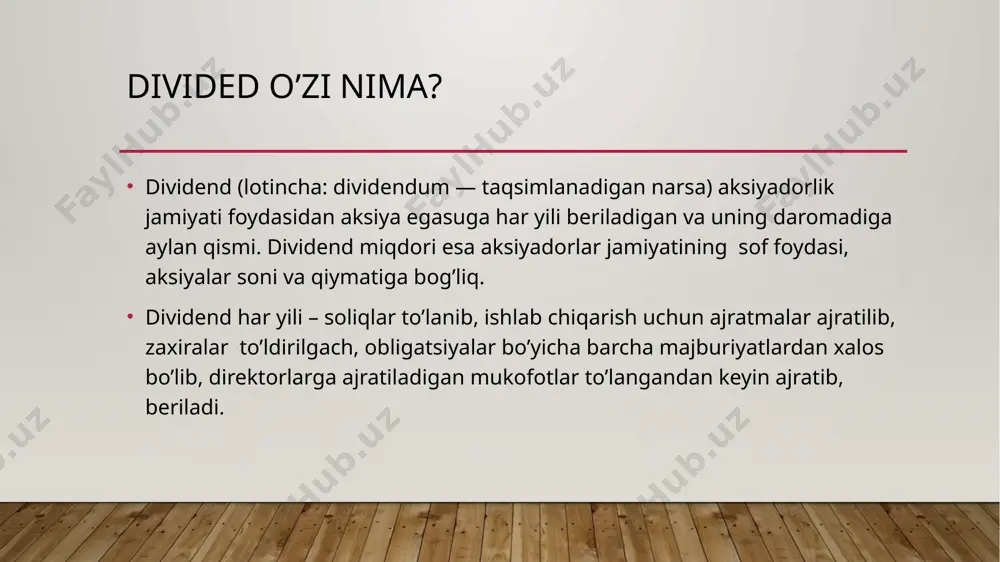 ikkinchi qismi aksiyadorlar jamiyat aktivlariga reinvestitsiya ( investitsiya jarayonidagi foydani qayta moliyaviy xo’jalik foaliyati uchun jalb qilinishi) qilish. dividend siyosatida qo’llaniladigan atamalar va tushunchalar xususida: dividend – jamiyat aksiyadorlari o’rtasida taqsimlangan sof foyda dividend siyosati – jamiyatning sof foydani aksiyadorlar o’rtasida taqsimlanishi borasida qabul qiladigan qarorlari majmuasi. sof foyda – jamiyatning barcha soliq to’lovlaridan qolgan uning ixtiyoridagi foydasi dividend to’lovlari fondi – jamiyatning oddiy aksiyalariga dividendlar to’lash uchun yo’naltirayotgan sof foydaning miqdori. dividend siyosatining maqsadi nima? dividend siyosatining asosiy maqsadi dividendlar to’lashning qarorlarini qabul qilish, miqdorini belgilash, ularni to’lash tartibi va muddatini shaffof va aksiyadorlarga tushunarli mexanizmni belgilash. jamiyatlar dividend to’lovlarining qoldiq siyosatiga amal qiladi. qoldiq siyosati haqida qoldiq siyosati – jamiyat o’zining investitsion harajatlarini qoplab olingandan so’ng, sof foydani qolgan qismini dividend to’lash fondiga yuborishni nazarda tutadi. dividend siyosati, jamiyatning rivojlanish strategiyasida belgilangan maqsadlar va vazialardan kelib chiqib, jamiyat aksiyadorlar yig’ilishida yangi dividend siyosati qabul qilinganigacha davom etadi. xulosa …