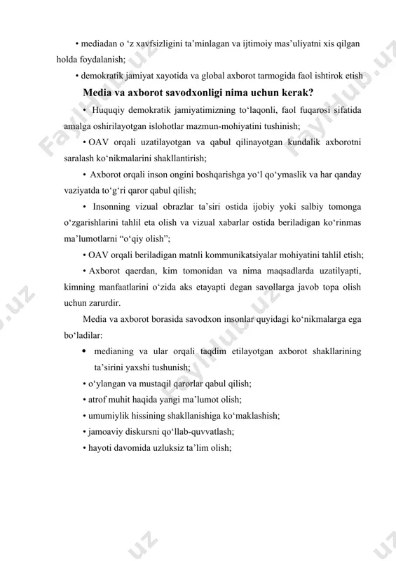 al obrazlar ta’siri ostida ijobiy yoki salbiy tomonga o‘zgarishlarini tahlil eta olish va vizual xabarlar ostida beriladigan ko‘rinmas ma’lumotlarni “o‘qiy olish”; · oav orqali beriladigan matnli kommunikatsiyalar mohiyatini tahlil etish; · axborot qaerdan, kim tomonidan va nima maqsadlarda uzatilyapti, kimning manfaatlarini o‘zida aks etayapti degan savollarga javob topa olish uchun zarurdir. media va axborot borasida savodxon insonlar quyidagi ko‘nikmalarga ega bo‘ladilar: · medianing va ular orqali taqdim etilayotgan axborot shakllarining ta’sirini yaxshi tushunish; · o‘ylangan va mustaqil qarorlar qabul qilish; · atrof muhit haqida yangi ma’lumot olish; · umumiylik hissining shakllanishiga ko‘maklashish; · jamoaviy diskursni qo‘llab-quvvatlash; · hayoti davomida uzluksiz ta’lim olish; “fsmu”metodi yordamida “media va axborotsavodxonligi”ni o‘rganilgan bilimlarni aniqlash fikringiz fikringizga sabab keltiring misol keltiring fikringizni umumlashtiring 1-rasm. 2-rasm savollar 1.medisavodxonlik va axborot madaniyatini deganda nimani tushunasiz? 2. sizning fikringizcha, mediasavodxonlik nima uchun kerak? 3.mediasavodxonlik fanining o‘qitishdan maqsad nima? image1.jpeg