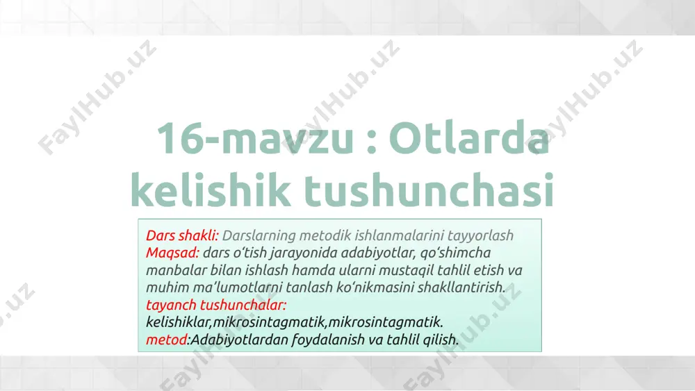 ikrosintagmatik butunlik hosil qiladi: toshko‘mir, oshqozon, jigar rang, kul rang, tamom bo‘lmoq, hayron bo‘lmoq, qaror qilmoq, va’da bermoq. 2.bosh kelishikdagi ot takroriy (teng munosabatli mikrosintagmatik aloqada) qo‘llanib, o‘z lug‘aviy ma’nosidan tashqari miqdoriy ortiqlik, kuchaytirish kabi qo‘shimcha ma’no bo‘yoqlariga ega bo‘ladi: ombor-omor g‘alla, guruh-guruh odam, quchoq-quchoq gul. click to edit master text styles second level third level fourth level fifth level b) makrosintagmatik munosabatni shakllantirishda ishtirok etadi 1. gapda ega vazifasini bajaradi: oltin o‘tda, odam mehnatda bilinadi. toshkentdo‘stlik shahri. 2. kesim yoki uning ot qismi vazifasini bajaradi: mustaqillik-buyuk ne’mat. hunarlining qo‘li-gul. anvarning akasi fermer ekan. 3. izohlovchi vazifasini bajaradi: majlisda professor mamatov nutq so‘zladi. 4. sifatlovchi vazifasida qo‘llaniladi: asfalt yo‘ldan mashinalar g‘iz-g‘iz o‘tib turar edi. 5. bosh kelishikdagi otlar bilan, uchun, uzra, haqida, to‘g‘risida ko‘makchilari bilan birgalikda vositali to‘ldiruvchi vazifasida keladi: ona o‘g‘ilchasini oq choyshab bilan o‘radi. 6. payt bildiruvchi otlar bilan birikib, hol vazifasida kelishi mumkin: shu kuni odilbek mehmon …
