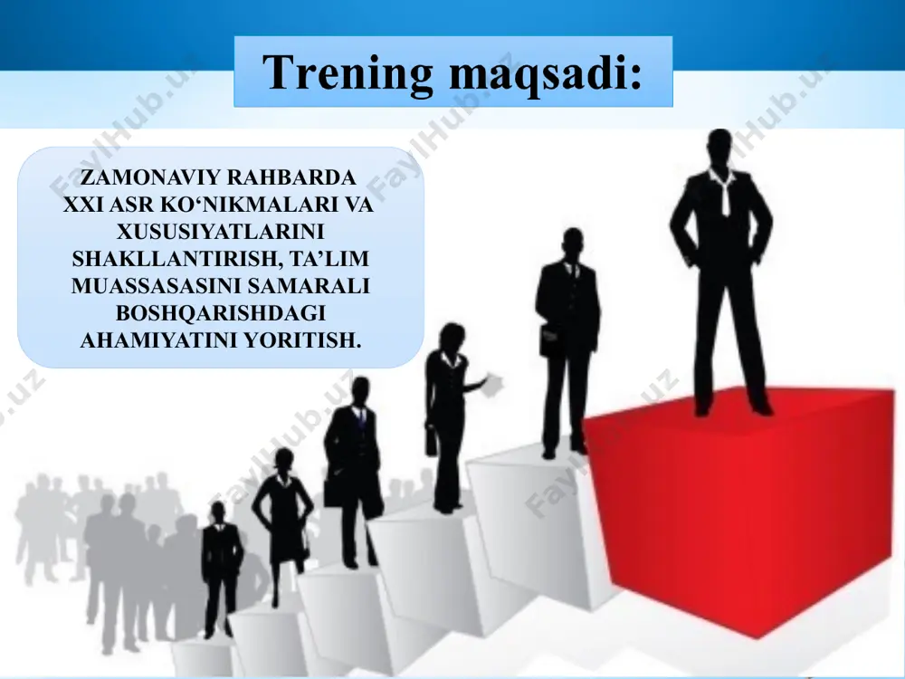 r doim iste'dodga to’g’ri mutanosib ekanligini, kamtarlikni etishmasligi esa nodonlikning darakchisi ekanligini yaxshi tushunadi. sabrlilik - bunday rahbar muvaffaqiyatga birdaniga erishish mumkin emasligini yaxshi tushunadi. unga faqat bardosh va sabr-toqatli bo’lib, sabot-matonat bilan qiyinchiliklarni engish orqali erishish mumkinligini biladi. yaxshi niyatlik - bunday rahbar xayrixoh va iltifotli bo’ladi, kishilarga nisbatan doimo yaxshi niyatda bo’ladi. o’zidagi qanoatsizlikni g’irrom raqobatchilik yo’li bilan emas, balki xayrixohlik yo’li bilan bartaraf qilishga harakat qiladi. uning hayotidagi shiori hasad emas, balki: "birni ko’rib shukr qil, birni ko’rib fikr qil" - degan shiordir. madaniyat ma’naviyat rahbar madaniyati rahbar ma’naviyati madaniyat — jamiyat, inson ijodiy kuch va qobiliyatlari tarixiy taraqqiyotining muayyan darajasi. kishilar hayoti va faoliyatining turli koʻrinishlarida, shuningdek, ular yaratadigan moddiy va maʼnaviy boyliklarda ifodalanadi ma’naviyat - inson ruhiy va aqliy olamini ifodalovchi tushuncha. u kishilarning falsafiy, huquqiy, ilmiy, badiiy, axloqiy, diniy tasavvurlarini oʻz ichiga oladi. maʼnaviyat atamasining asosida „maʼno“ soʻzi yotadi. rahbar madaniyati – rahbar xodimlar, …