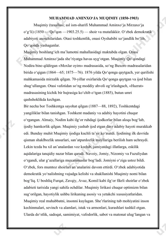 asosiy va yetakchi xususiyatlaridan. muqimiy real muhabbatni, insonni kuylagan. she’rlarining tub mohiyatini inson kechinmalari, sevinch va alamlari, istak va armonlari, kurashlari tashkil etgan. ularda do‘stlik, sadoqat, samimiyat, vafodorlik, sabot va matonat ulug‘langan va bular orqali shoir kishilarda yaxshi xususiyatlarni tarbiyalashga intilgan. adolatli va baxtli zamonni orzu qilgan, shunday kunlar kelishiga ishongan («kelur oxir seni ham yo‘qlag‘udek bir zamon yaxshi» va boshqa). hasrat, shikoyat, norozilik motivlari mavjud bo‘lgan she’rlarida ham kelajakka ishonch, farovon hayot haqidagi orzu-ideallari aks etgan. muqimiy dunyoqarashi va intilishlari bilan muhit o‘rtasidagi ziddiyat uning ijodida tanqidiy yo‘nalishni maydonga keltirgan. bu uning hajviyotida ko‘proq aks etgan. hajviyoti mazmunan satira va yumorga bo‘linadi. satiralarida chor amaldorlari, ayrim mahalliy boylarning kirdikorlari ochib tashlangan («tanobchilar» va boshqa) «saylov», «dar mazammati zamona» va boshqada o‘lkaga kirib kelayotgan kapitalistik va g‘ayriaxloqiy munosabatlar hamda ularning oqibatlari ko‘rsatilgan. ba’zan, o‘sha davrdagi hukmron qarashlarga ergashib, dukchi eshon haqida ham hajviy asarlar yozgan («hajvi halifai mingtepa»). ot, arava, …