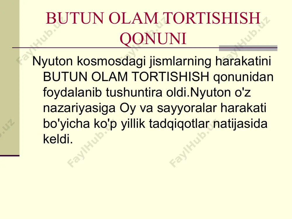 yer maydonidagi tortishish tezlashishi teng, bu erda yerning massasi, r - uning markaziga masofa. yer yuzasi yaqinida tortishish tezlashishi g = 9,8 m / s2 ga teng. yerning tekislanishi va uning aylanishi ekvatorda va qutblar yaqinida tortishish farqiga olib keladi: kuzatuv nuqtasida tortishish tezlashishi taxminan g = 9.78 ∙ (1 + 0.0053 sin φ) formula bo'yicha hisoblab chiqilishi mumkin. φ - bu nuqtaning kengligi. butun olam tortishish qonunini qo'llanilishi shartlari agar jismlarning o'lchamlari ular orasidagi masofadan ancha kichik bo'lsa;agar ikkala jism ham to'p bo'lsa va ular bir hil bo'lsa; agar bitta tanasi katta to'p bo'lsa, ikkinchisi uning yonida bo'lsa gravitatsion o'zaro ta'sir katta massali jismlarning o'zaro ta'sirida sezilarli darajada namoyon bo'ladi. image1.jpeg image2.png image3.jpeg image4.png image5.png image6.png image7.jpeg image8.png image9.jpeg image10.png /docprops/thumbnail.jpeg
