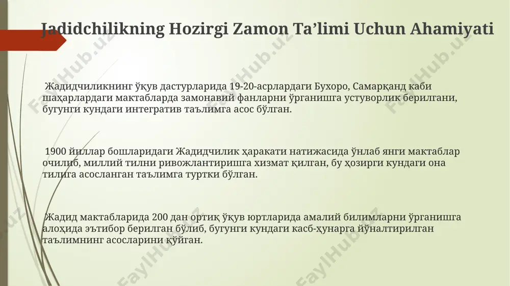 ga zamonaviy ta’lim berish zarurligi 5 yillik boshlang’ich maktablar orqali ta’kidlangan. qizlar ta’limi masalasida toshkentdagi jadid maktablari o'quv dasturlarida, 1900-yillarning boshlarida ayollarga uy bekaligi bilan bir qatorda tikuvchilik, hisob-kitob va adabiyot kabi amaliy kasb-hunarlarni o'rgatishga alohida e'tibor qaratgan. jadidchilik harakati: umumiy nuqtai jadid maktablari rus va turkiy tillarda dars berar, 500 dan ortiq bunday maktablar turkistonning turli hududlarida ochilib, minglab yoshlarga zamonaviy ta'lim bergan. jadidchilik harakati 19-asrning oxirlarida va 20-asrning boshlarida turkistonda, shu jumladan samarqand, buxoro va toshkent kabi yirik shaharlarda keng tarqalgan ta'lim islohoti harakati edi. ushbu harakatning asosiy maqsadi an'anaviy diniy ta'lim tizimini zamonaviy fanlar, 30 dan ortiq yangi fanlarni o'z ichiga olgan sekulyar bilimlar bilan boyitish edi. darsliklar va o’quv qo’llanmalar o’quv qo’llanmalarining mazmuni diniy ta’lim bilan bir qatorda, matematika, tabiiy fanlar va geografiya kabi 5-6 ta dunyoviy fanlarga ham katta e’tibor qaratgan. jadidchilar tomonidan 1900-yillar boshlarida samarqand va toshkentda nashr etilgan darsliklar rus va turkiy tillardagi …