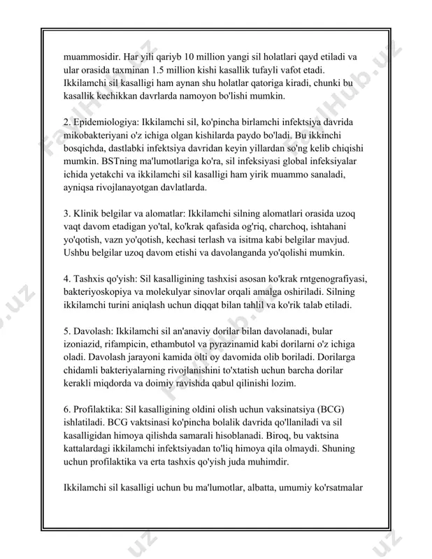 orilarga chidamlilik rivojlanishi tibbiy amaliyotda asosiy muammolardan biri hisoblanadi. uzr, ushbu ma'lumotlar har bir insanda sil patogenezi ko'rinishini aniq tahlil qilishga yordam beradi, lekin jahon miqyosida sil kasalligini nazorat qilish, himoya qilish va kamaytirish, afg'ona kartinalarni buzadigan moddalarni qo'llash juda qiyin tadbirdir. shu jumladan, ikkilamchi sil kasalligining asoratlari va ularni bartaraf etish bo'yicha tibbiy tadqiqotlar muntazam ravishda olib boriladi. jiddiy asoratli holatlar yuzaga kelmasligi uchun organizmning sog'lom immun tizimini saqlab qolish, to'g'ri ovqatlanish va ifloslanish zonalaridan himoyalanish tavsiya etiladi. shuningdek, sil kasalligining oldini olishda profilaktik chora-tadbirlar muhim ahamiyatga ega. hematogen va birlamchi davomiyligi bo'lgan infeksiya manbalarini o'z vaqtida aniqlash va davolash orqali, silning ikkilamchi tarqalishini oldini olish mumkin. ikkilamchi sil haqida yuqorida keltirilgan ma'lumot sil kasalligini tushunishga yordam beradi va ushbu kasallikning dunyo miqyosidagi ahvoli va oziq-ovqatlar, sharoitlar va tibbiy yordamning organizmdagi ornini aytib otish bilan batafsil yoritilishi kerak. ijtimoiy-iqtisodiy holatlarni yaxshilash va sog'likni saqlash xizmatlariga keng qamrovli kirishni ta'minlash …