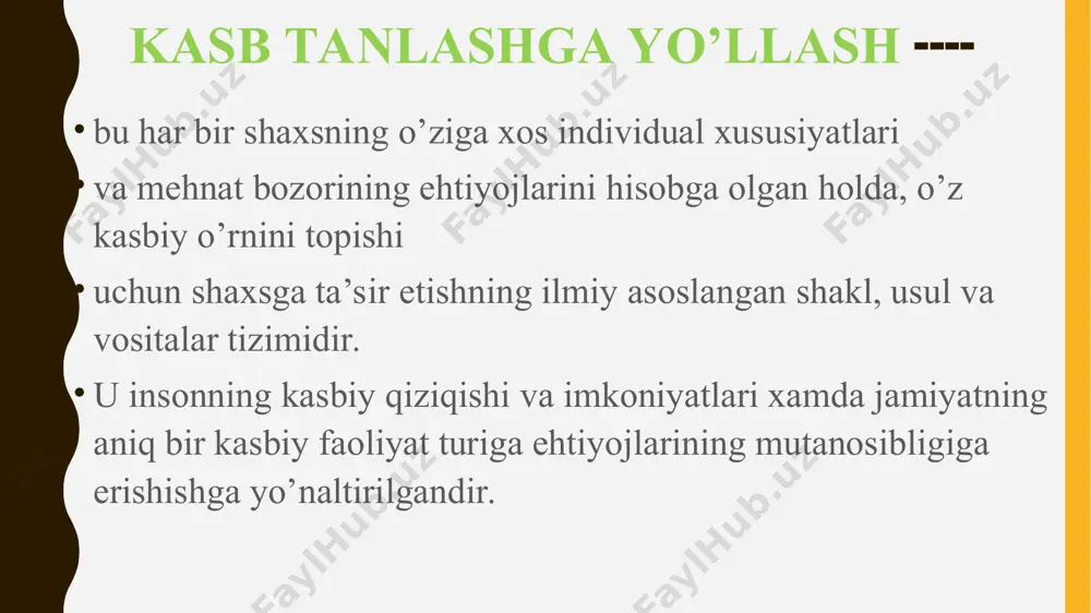 ari uchun o’quvchilar qanday talablarga javob berishlari lozimligini o’rganish edi. byuro o’z faoliyati davomida quyidagilarga amal qilishni ta’kidlaydi - kasb tanlash, turmush o’rtoq tanlashdek ahamiyatga tenglashtirish kerak; - kasbni tasodifiy holatga umid qilgandan ko’ra, uni tanlash afzaldir; - kasbni, mutaxassis maslahati bilan va yaxshi o’ylab ko’rib, ishonch xosil qilgan holda tanlash kerak; - yoshlar ko’p sonli kasblar bilan tanishib chiqishi lozim, birinchi uchragan yoki “qulay” bo’lgan kasbni tanlashi kerak emas; - maslaxatchi kasb tanlashda, shaxsning xarakter xususiyatlarini, kasb tanlash omillari va kasblar olami bilan yaqindan tanishib chiqqandagina uning ishi yaxshi natija beradi o’tgan asrning 50-yillarida aqshda a.maslovning kasbiy rivojlanish kontseptsiyasi hisoblangan nazariyasi ishlab chiqilgan, bunda shaxs o’zi mustaqil kasb tanlashi kerak bo’lgan, o’quvchi o’z qobiliyatiga mos kasbni o’zi tanlashi va amaliyotda o’zini ko’rsata olish kerak. bu kontseptsiya s.axelrod, s.ginsberg, e.ginsburga va boshqlarning ishlarida yanada rivojlandi va bu ta’lim-tarbiya jarayonida o’qituvchilarga va o’quvchilarning individual faolligiga ta’siri ahamiyatli bo’lgan. d.syuper kontseptsiyasi asosida …