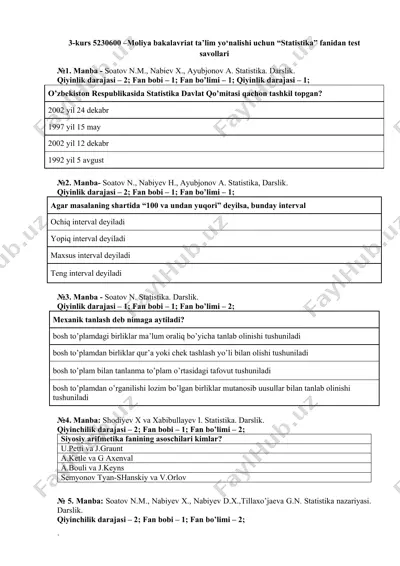 statistika fanidan test savollari — DOCX