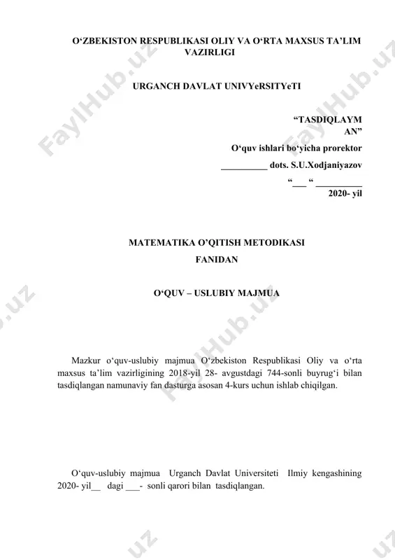 ng ma‘nosi ―fanlarni bilish‖ demakdir. matematika fanining o’rganadigan ob‘ekti fazoviy shakllar va ular orasidagi miqdoriy munosabatlardan iboratdir. maktab matematika kursining maqsadi o‘quvchilarga ularning psixologik xususiyatlarini hisobga olgan holda matematik bilimlar tizimini berishdan iboratdir. bu matematik bilimlar tizimi ma‘lum usullar (metodika)orqali o‘quvchilarga yetkaziladi. ―metodika‖ grekcha so’z bo’lib, ―metod‖ degani ―yo’l‖ demakdir. matematika metodikasi pedagogika fanlari tizimiga kiruvchi pedagogika fanining tarmog’i bo’lib, jamiyat tomonidan qo’yilgan o‘qitish maqsadlariga muvofiq matematika o‘qitish qonuniyatlarini matematika rivojining ma‘lum bosqichida tatbiq qiladi. o‘qitishda yangi maqsadlarning qo’yilishi matematika o‘qitish mazmunining tubdan o’zgarishiga olib keldi. boshlang’ich sinf o‘quvchilariga matematikadan samarali ta‘lim berilishi uchun bo’lajak o‘qituvchi boshlang’ich sinflar uchun ishlab chikarish matematika o‘qitish metodikasi egallab, chuqur o’zlashtirib olmog’i zarur. matematika boshlang’ich ta‘lim metodikasining predmeti quyidagilardan iborat: 1. matematika o‘qitishdan ko’zda tutilgan maqsadni asoslash (nima uchun matematika o‘qitiladi, o’rgatiladi). 2. matematika o‘qitish mazmunini ilmiy ishlab chiqish (nimani o’rgatish) bir tizimga kiltirilgan bilimlar darajasini o‘quvchilarning yosh xususiyatlariga mos keladigan qilib qanday taqsimlansa, …
