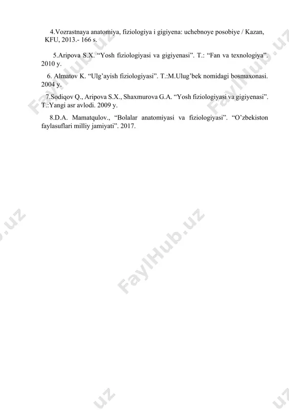 f. lisova, ya.l. zavyalova. — moskva : knorus, 2017. — 404 s. — (bakalavriat). 4.vozrastnaya anatomiya, fiziologiya i gigiyena: uchebnoye posobiye / kazan, kfu, 2013.- 166 s. 5.aripova s.x. “yosh fiziologiyasi va gigiyenasi”. t.: “fan va texnologiya”. 2010 y. 6. almatov k. “ulg’ayish fiziologiyasi”. t.:m.ulug’bek nomidagi bosmaxonasi. 2004 y. 7.sodiqov q., aripova s.x., shaxmurova g.a. “yosh fiziologiyasi va gigiyenasi”. t.:yangi asr avlodi. 2009 y. 8.d.a. mamatqulov., “bolalar anatomiyasi va fiziologiyasi”. “o’zbekiston faylasuflari milliy jamiyati”. 2017. 3 - seminar mashg’uloti. mavzu: gormonlar. gormonl ar funksiyasining yoshga oid xususiyatlari. reja: 1. ichki sekretsiya bezlari haqida tushuncha . 2. g o r monlar, ularning organizmdagi vazifasi 3. orga nizmning gumoral boshqaruvida g o rmonlarning tutgan o’rni. 4. ichki sekretsiya bezlarining yoshga oid xususiyatlari. gormonlarni bir necha o’ziga xos xossalari mavjud . 1. h ar bir gormon muayyan organ va funktsi yalarga ta’sir etib, ularda o’ziga xos o’zgarishlarni yuzaga chiqaradi. 2. gormonlar biologik jihatdan …