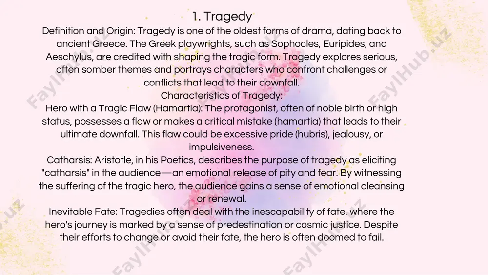 tions. 3. tragicomedy definition and origin: tragicomedy is a hybrid genre that combines elements of both tragedy and comedy. it originated during the renaissance and became a popular form in the works of playwrights like shakespeare and later in the baroque period. tragicomedy blends the serious with the humorous, often dealing with complex emotional themes while still providing a sense of hope or a happy resolution. characteristics of tragicomedy: mixed tone: tragicomedy features a blend of sorrow and humor, often shifting between light-hearted moments and serious, dramatic conflicts. the genre does not adhere strictly to the conventions of either comedy or tragedy. unpredictability: the tone and mood of a tragicomedy can fluctuate, leaving the audience unsure of whether to laugh or cry. this unpredictability is central to the genre’s appeal. complexity of human experience: tragicomedy reflects the complexities of real life, where joy and sorrow often coexist. the characters in …
