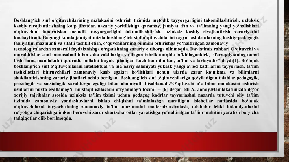 ik to‘g‘ri va qanchalik tez yondashishi, tashkil eta olishi, maktabgacha ta'lim muassasasidagi bolalarning hayoti bolalarning xotirjam, mehribon va xushmuomala bo‘lishi yoki bezovta bo‘lib o‘sishiga bog‘liq. , ehtiyotkor, orqaga tortilgan. ta’lim faoliyati samaradorligining eng muhim xususiyati va sharti - bu o‘qituvchi va tarbiyachining kasbiy pedagogik madaniyati. uning asosiy maqsadi ta’lim jarayonini takomillashtirish, unumdorligini oshirishga hissa qo‘shishdan iborat.o‘qituvchining kasbiy madaniyati o‘qituvchining umumiy madaniyatining eng muhim qismi bo‘lib, uning shaxsiy va kasbiy fazilatlari tizimidan, shuningdek, uning kasbiy faoliyatining o‘ziga xos xususiyatlaridan iborat. “o‘qituvchining kasbiy madaniyati” tushunchasining mohiyatini aniqlash uchun “kasbiy madaniyat”, “pedagogik madaniyat”[8] kabi tushunchalarni ko‘rib chiqish maqsadga muvofiqdir. kasbiy madaniyat - bu shaxsning kasbiy muammolarni hal qilish usullari va usullarini ma'lum darajada egallashi. pedagogik madaniyat - bu “ma’naviy va moddiy qadriyatlar eng ko‘p aks ettirilgan umuminsoniy madaniyatning muhim qismi, shuningdek, insoniyatning avlodlar almashinuvi va ijtimoiylashuvi (o‘sish) tarixiy jarayoniga xizmat qilish uchun zarur bo‘lgan odamlarning ijodiy pedagogik faoliyati usullari. yuqoriga, bo‘lish) shaxsning. pedagogik …