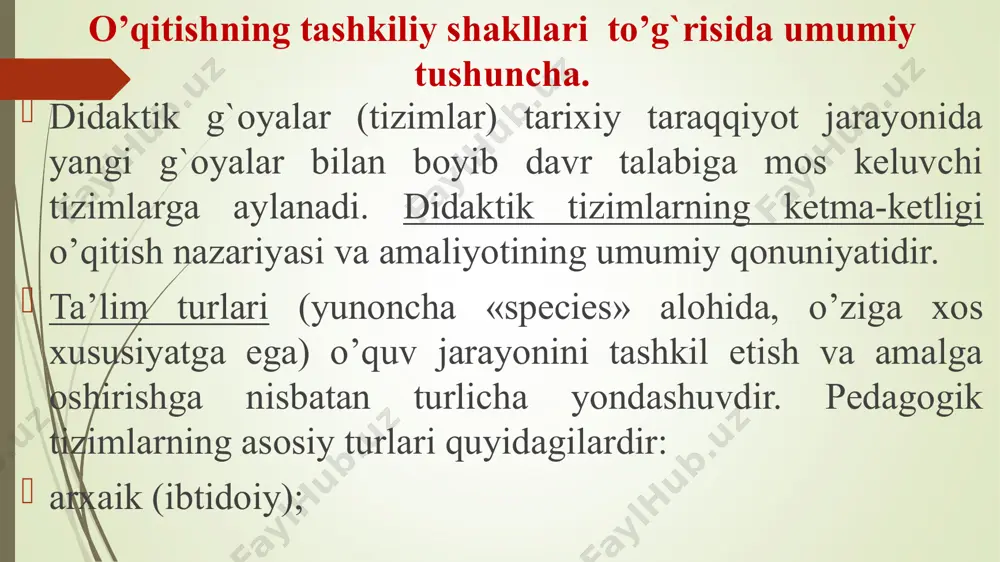 yoshlarni tarbiyalashda ona yerga, atrof-muhit, tabiatga muhabbat hissini uyg`otish muhim yo’nalish hisoblangan. «avesto»da barkamol shaxs obrazi haqida aniq tasawurlar ifoda etilgan. muntazam o’qitishning ilk turi qadimgi yunon faylasufi suqrot (eramizdan avvalgi 469—399 er. avv. yillar) va uning o’quvchilari tomonidan keng qo’llagan yordamchi savollarga javob berish metodi hisoblanadi. bu metod suqrotcha suhbat metodi nomini olgan. o’qituvchi (faylasuf) o’quvchida qiziqish, bilishga intilishni uyg`otadigan savoldan foydalanadi, mulohaza yuritish asosida o’quvchini voqea-hodisalarning mohiyatini idrok etishga undaydi. o’qituvchining mulohazasi ko’pincha ritorik savollarni muhokama qilish bilan to’ldirilib turiladi. suqrotcha suhbatlar bir yoki bir necha o’quvchilar ishtirokida tashkil etiladi. dogmatik o’qitish— jamoa asosida idrok etish faoliyatining ilk turi bo’lib, o’rta asrlarda keng tarqalgan. o’rta asrlarda, g`arbiy yevropada, dogmatik o’qitishda lotin tili, markaziy osiyo mamlakatlarida esa arab tili yetakchi o’rin tutgan. musulmon pedagogik konsepsiyasi sezilarli intellektuallik xususiyatiga ega bo’lgan. komillikka bilimlaridan faol foydalana oladigan odamgina erishishi mumkin deb hisoblangan. «haqiqiy g`oyalar» (abu ali ibn sino. «donishnoma» «bilimlar kitobi»), …