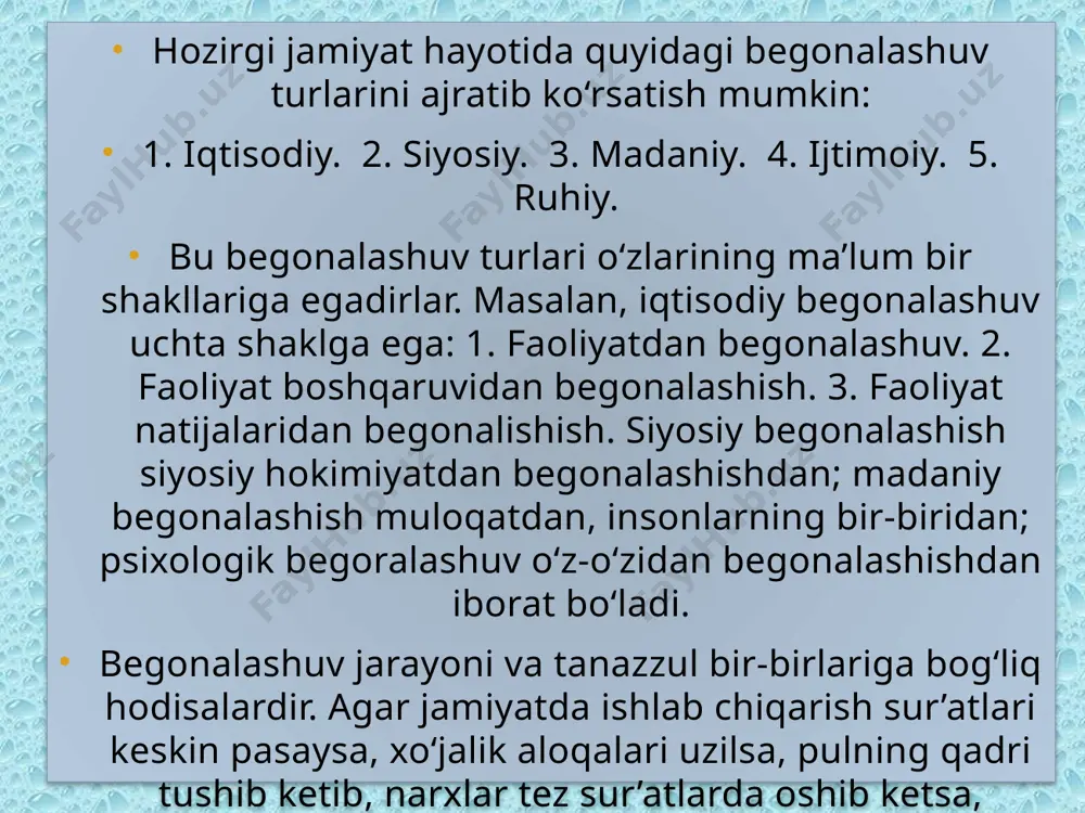 u madaniyat shakllari va ijtimoiy tajribalarni uzatish vositasi bo‘lib ximat qiladi. lekin iqtisodiy tanazzul ko‘pgina insonlarni qiyin iqtisodiy ahvolga solib qo‘yadi. natijada jamiyat a’zolarining aksariyati bozor iqtisodi munosabalariga ko‘nikishlari qiyin kechadi. oqibatda inflyasiyadagi ehtiyojlar tizimining cheklanishi va normallashtirish insonlarda agressivlik kayfiyati, johillashish fuqarolarda an’ana va urf-odatlar, ma’naviy qadryatlarni yo‘qotishga olib keladi. zamonaviy jamiyatni e. fromm inson mohiyati mashinalashtirish kompyuterlashtirish robotlashtirish ruhiy begonalashuv – bu, insonning o‘z mohiyatidan uzoqlashishdir. ushbu muammoni nemis mutaffakiri erix fromm juda yaxshi ishlab chiqqan. uning fikricha, inson mohiyati doim o‘ziga dushmanlik kayfiyatida bo‘lgan sotsial tuzilma ta’siri ostidagi inson o‘z-o‘zidan begonalashuvining har bir darajasiga ma’lum bir sotsial xarakter - dunyoparaslik, ekspluatatorlik, reseptiv (andozalik, qolip), bozorga oidlik xosdir. zamonaviy jamiyatni e. fromm inson mohiyatini «mashinalashtirish», «kompyuterlashtirish» va «robotlashtirish» jarayonlari yordamida begonalashuv uning darajasining bir mahsuli deb ta’riflaydi. bozorga yo‘naltirilgan sotsial harakat paydo bo‘lib, unda iste’molga intilish, ikkilanishlar hissiyoti, yakkalanib qolishlik va boshqa salbiy holat, hissiyotlar markaziy ahamiyat kasb …