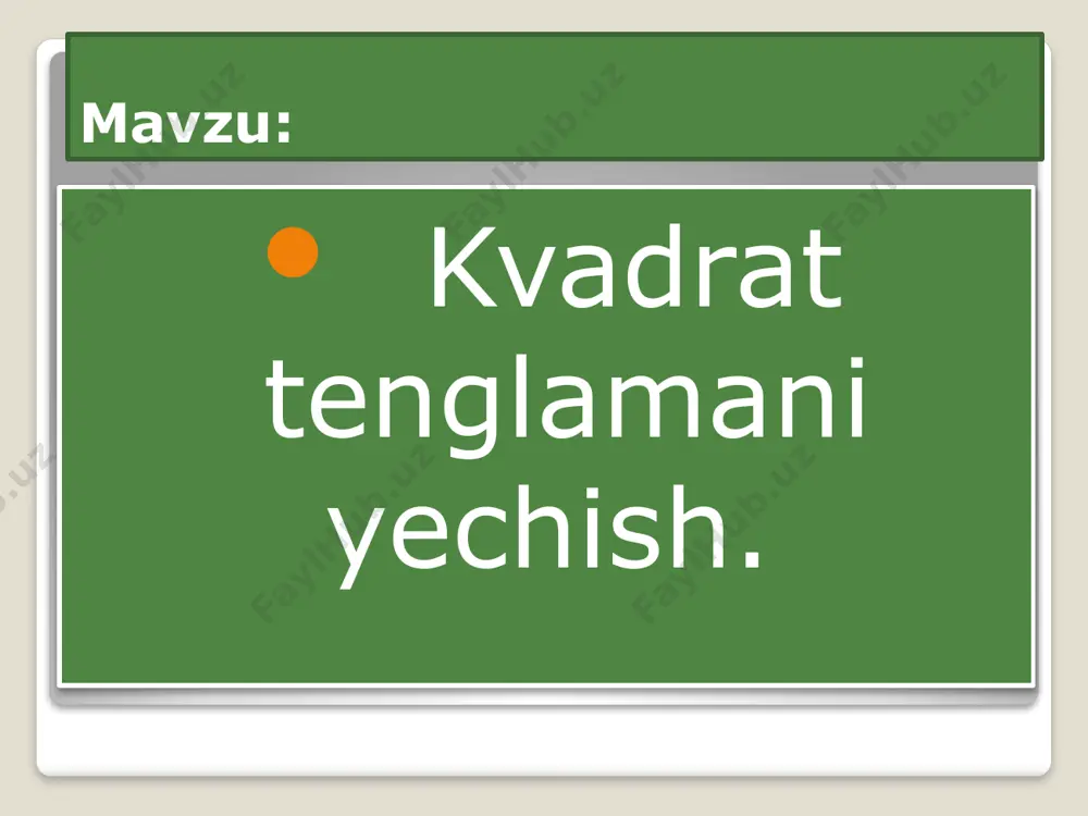 c); d)1 test javoblari 1. d 2. d 3. a ax2+ bx+c=0 tenglamanining har ikkala tomonini a ga bo’lib quyidagini hosil qilamiz. x2+ x + =0 bu tenglamani shaklini shunday o’zgartiramizki, uning chap qismida ikkihadning tola kvadratini hosil qilamiz: x2+x =--, x2+2x+()2= - + ()2, (x+)=, (1) agar b2-4ac 0 bo’lca, u holda (x+ )2= ( )2. bundan x+ = ( ), x1,2= , (2) matematik bozor o’yini. matematik bozor o’yini. 1-topshiriq 2000 so’m 315-misol (1va2) 2-topshiriq 4000 so’m 316-misol uyga vazifa 317- misol 1) 2x2+5x-3=0 yechish. . x1,2== = =, bundan x1=== , x2==-3 javob: x1=, x2=- 3 e`tiboringiz uchun katta rahmat. uyda qoling! image2.png image3.png image4.png image5.png image6.png image7.png /docprops/thumbnail.jpeg