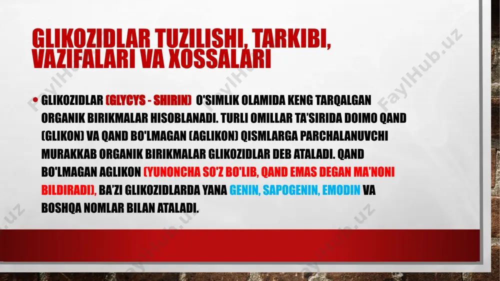 i siklopentanopergidrofenantren unumlari bolsada, ularning kimyoviy tuzilishlari va ayniqsa, fiziologik ta’siri bir-biridan katta farq qiladi. steroid glikozidlar ba’zilarining aglikonlari o'z molekulasida azot atomini saqlaydi, masalan: steroid alkaloidlar. ayrim glikozidlarning suvdagi eritmasi turghan ko'pik hosil qilish va qizil qon tanachalari - eritrotsitlarini eritish xossasiga ega, masalan, steroid saponinlar. 5. terpenoidli glikozidlar - izopren (cshs)p hosilalari: bo'lib, unga: - achchiq monoterpenlar - (c5h8)2 - triterpen saponinlar - (c5h8)6 kiradi. 6. fenologlikozidlar - aglikon qismi qandaydir fenolli birikma bilan bo‘langan. bu guruh o'z ichiga: flavonoid, kumarin, antratsen hosilalari, ksanton, oshlovchi moddalar va boshqalarni qamrab oladi. 7. kam o'rganilgan glikozidlar. yuqorida keltirilgan glikozidlardan tashqari oshlovchi moddalardan katta bir guruhi (gidrolizlanuvchi oshlovchi moddalar), qisman kumarinlar (kumarin glikozidlar) va boshqa birikmalar ham glikozidlarga kiradi. lekin fenolglikozidlar, antraglikozidlar, flavon glikozidlar, oshlovchi moddalar, kumarinlar fenollarning unumlari bo'lgani uchun farmakognoziya kursining tegishli boshqa bo'limlarida ko'riladi. glikozidlarni o'simlik olamida tarqalishi glikozidlar tabiatda eng keng tarqalgan tabiiy birikmalar sanaladi. ko‘pincha bir …
