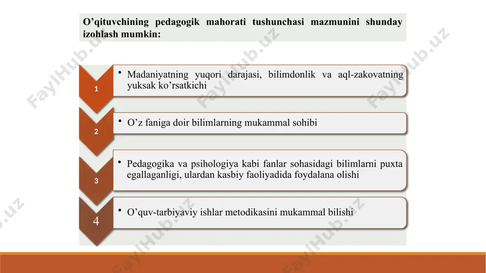 iya kommunikativ ta’sir ko’rsatish qobilyati pedagogik takt (nazokat) pedagogik texnika nutq texnikasi pedagogik ijodkorlik pedagogik tajriba pedagogik madaniyat inglizcha “competence” tushunchasi lug’aviy jihatdan bevosita “qobilyat” ma’nosini ifodalaydi. mazmunan esa “faoliyatda nazariy bilimlardan samarali foydalanish, yuqori darajadagi kasbiy malaka, mahorat va iqtidorni namoyon eta olish”ni yoritishga hizmat qiladi. “kompetentlik” tushunchasi ta’lim sohasiga psixologik izlanishlar natijasida kirib kelgan. shu sababli kompetentlik “noan’anaviy vaziyatlar, kutilmagan hollarda mutaxassisning o’zini qanday tutishi, muloqtga kirishishi, raqiblar bilan o’zaro munasabatlarda yangi yo’l tutishi, noaniq vazifalarni bajarishda, ziddiyatlarga to’la ma’lumotlardan foydalanishda, izchil rivojlanib boruvchi va murakkab jarayonlarda harakatlanish rejasiga egalik’’ni anglatadi. 4. pedagogik kompetentlik kasbiy kompetentlik- mutahassis tomonidan kasbiy faoliyatni amalga oshirish uchun zarur bo’lgan bilim, ko’nikma va malakalarning egallanishi va ularni amalda yuqori darajada qo’llay olinishi. kabiy kompetentlik mutahassis tomonidan alohida bilim, malakalarning egallanishi emas, balki har bir mustaqil yo’nalish bo’yicha integrative hrakatlar va bilimlarning o’zlashtirilishini nazarda tutadi. shuningdek, kompetensiya mutahasislik bilimlarini doimo boyitib borishni, yangi axborotlar …