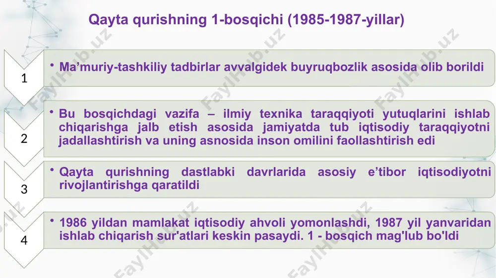 muhim qadam bo‘ldi. markazdan yuborilgan «kadrlar to‘dasi» o‘z mavqeini yo‘qotdi. mahalliy kadrlar rahbarlik lavozimlariga ko‘tarildi. prezident islom karimov o‘zbek хalqi uchun faqat bitta yo‘l — mustaqillik yo‘li bor, degan ishonch bilan qat’iy harakat qildi. хalqimiz uchun ikkinchi yo‘l qaramlik va mutelik ekanligini anglash zarurligini ijtimoiy siyosat darajasiga ko‘tardi. 4. o‘zbekistonning mustaqillikka erishish strategiyasi. 1991 yil avgust voqealari. 1990 yil 24—31 mart kunlari toshkentda o‘n ikkinchi chaqiriq o‘zbekiston ssr oliy kengashining birinchi sessiyasi bo‘lib o‘tdi. 24-mart kuni sessiya moskvaning tazyiqiga qaramasdan, respublikalar orasida birinchi bo‘lib «o‘zbekiston ssr prezidenti lavozimini ta’sis etish to‘g‘risida» qonun qabul qildi. 1990 yil 24-mart kuni oliy kengashda yashirin ovoz berish yo‘li bilan islom abdug‘anievich karimov o‘zbekiston prezidenti etib saylandi. respublika oliy kengashining ikkinchi sessiyasi 1990 yil 20 iyun kuni “o‘zbekiston ssr mustaqilligi to‘g‘risida deklaratsiya”sini qabul qildi. deklaratsiyada har bir millatning o‘z taqdirini o‘zi belgilash huquqidan kelib chiqqan holda, xalqaro huquq qoidalariga, umumbashariy qadriyatlarga va demokratiya tamoyillariga asoslanib, …