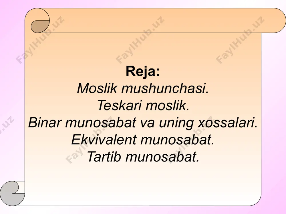 x to’plamning elementlari orasida berilgan bo’lsa, bunday moslikni binar munosabat deyiladi. o’z – o’zidan ko’rinib turibdiki binar munosabatni qanoatlantiruvchi juftliklar to’plami x to’plamning o’z-o’ziga dekart ko’paytmasining qism to’plami bo’ladi. x  x  r binar munosabat r, t, q, g, k, m kabi harflar bilan belgilanadi. binar munosabatni qanoatlantiruvchi juftliklarni ifoda qiluvchi strelkalar o’tkazishdan hosil bo’lgan moslikni munosabatning grafigi deymiz. munosabat grafida har bir juftlikda bitta strelka mos keladi. bu strelkalar dekart koordinatalar sistemasida har biri bitta nuqtani ifoda qiladi.bunday nuqtalarni topishdan munosabatning grafigini hosil qilamiz. x= {1, 2, 4, 7, 8} to’plamda r : “x yrx bajarilishi kelib chiqadi.faqat x=y bo’lgandagina biz bunday munosabatning antisimmetriklik xossasiga ega bo’lgan munosabat deymiz. parallellik, tenglik munosabatlarining bir xususiyatlariga e’tibor bersak x dan y ga, y dan z ga strelka o’tgan bo’lsa, albatta x dan z ga ham strelka o’tkazilgan. grafalarning bu xususiyati berilgan munosabatlarning tranzitivlik xossasi deb aytiladi. ekvivalent munosabat ta’rif: agar …
