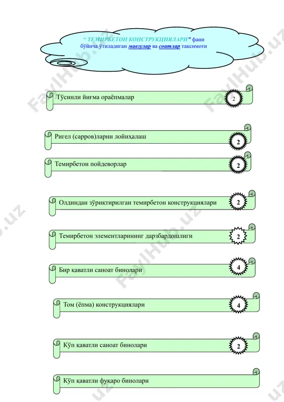 2-mashg'ulot ish jarayonlari vaqti faoliyatning mazmuni o'qituvchi talabalar. 1- bosqich. fanga va mavzuga kirish (5- minut) 1. mavzuning nomini aytib, fan doirasida dastlabki umumiy tasavvurni beradi, mashg'ulotning uslubiy va tashkiliy tomonlari bilan tanishtiradi. 2. mavzuni “aqliy hujum” texnikasi orqali boshlashni taklif etadi. 1.tinglaydilar 2-bosqich. faollashtirish bo'limi (bilimlarini shakllantirish) (20 minut) 1. talabalar bilimlarini shakllantirish maqsadida jonlantirish savollarini beradi: (1-ilova) javoblar berish uchun «juftlikda ishlash»ni tashkillashtiradi javoblarni umumlashtirib, hulosalaydi. 1.tinglaydilar, savollarga javob beradilar. 2.ekranda fanning tizimli jadvalini ko'rsatadi, mavzular bilan tanishtirib, ularning o'zaro bir-biri bilan bog'liqligini qisqacha tavsiflab beradi. (2-ilova). asoslovchi hulosalar qiladi. 2.tinglaydilar, slaydlarga e'tibor qaratadilar, uni o'zlariga yozib oladilar va aniqlashtiruvchi savollar beradilar. 3.fanni o'zlashtirish reyting ballari, shuningdek foydalaniladigan asosiy adabiyotlar ro'yxatini tavsiya qiladi. (3-ilova) 3. yozib oladilar, aniqlashtiruvchi savollar beradilar. 4.birinchi mavzuning 1-mashg'ulot rejasi bilan tanishtiradi, maqsadi va o'quv faoliyatidan kutiladigan natijalarni bayon qiladi. 4.tinglaydilar, yozib oladilar. 3-bosqich. axborot bo'limi (45-minut) 1.mavzu rejasi bo'yicha tayyorlangan vizual materiallar asosida …