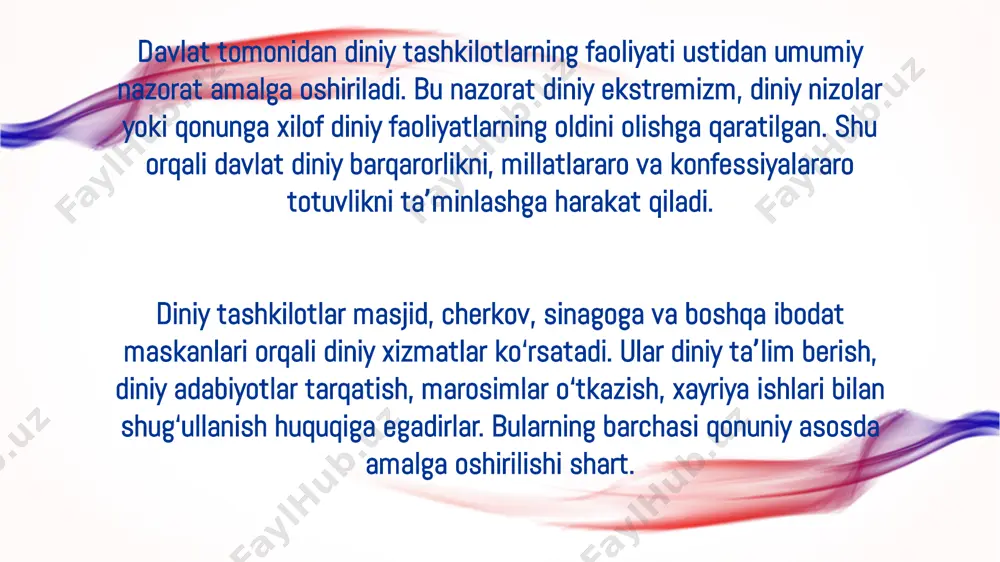 nda, diniy tashkilotlar jamiyatda barqarorlik, ma’naviyat, tarbiya va ijtimoiy qo‘llab-quvvatlash sohalarida beqiyos rol o‘ynaydi. ular bilan bog‘liq masalalarni doimiy nazoratda tutish va ularning salohiyatidan oqilona foydalanish mamlakat taraqqiyoti uchun muhim ahamiyat kasb etadi. xulosa oʻzbekistonda diniy tashkilotlar jamiyat hayotida muhim oʻrin tutadi. ular nafaqat diniy ehtiyojlarni qondirish, balki ma’naviy-axloqiy qadriyatlarni mustahkamlash, yoshlarni sog‘lom e’tiqodda tarbiyalash va ijtimoiy birdamlikni ta’minlashda muhim vazifalarni bajaradi. davlat va din o‘rtasidagi alohidalik tamoyili asosida diniy tashkilotlarning qonuniy faoliyati uchun zarur shart-sharoitlar yaratilgan. shu bilan birga, diniy ekstremizm, radikalizm, diniy savodsizlik kabi dolzarb masalalar ham mavjud bo‘lib, ularni bartaraf etish uchun davlat, diniy tashkilotlar va fuqarolik jamiyati institutlari o‘zaro hamkorlikda ishlashlari muhimdir. diniy bag‘rikenglik, millatlararo totuvlik va ijtimoiy barqarorlikni ta’minlashda diniy tashkilotlarning roli beqiyosdir. shu sababli, ularning faoliyatini yanada rivojlantirish va ijobiy salohiyatidan oqilona foydalanish jamiyat taraqqiyoti uchun muhim omil bo‘lib qoladi. zoho show to create beautiful presentations, download zoho show from play store https://zoho.to/cy7 untitled …