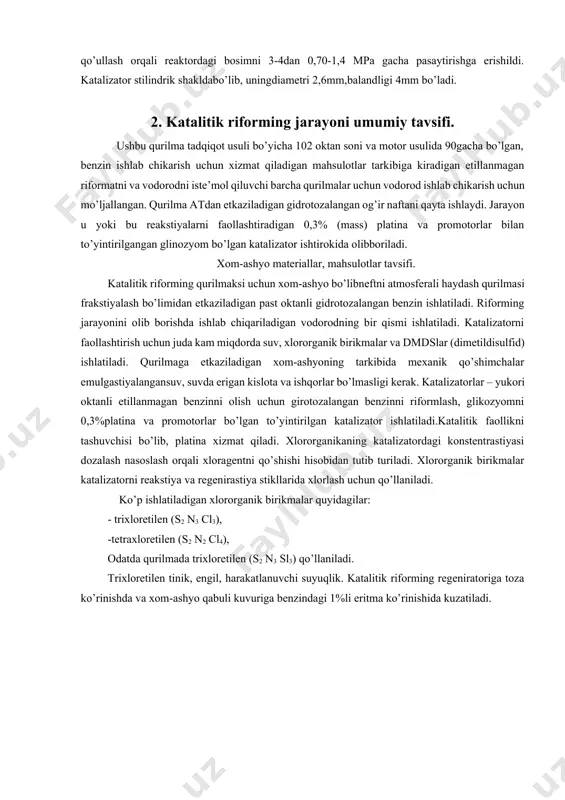 urilmaksi uchun xom-ashyo bo’libneftni atmosferali haydash qurilmasi frakstiyalash bo’limidan etkaziladigan past oktanli gidrotozalangan benzin ishlatiladi. riforming jarayonini olib borishda ishlab chiqariladigan vodorodning bir qismi ishlatiladi. katalizatorni faollashtirish uchun juda kam miqdorda suv, xlororganik birikmalar va dmdslar (dimetildisulfid) ishlatiladi. qurilmaga etkaziladigan xom-ashyoning tarkibida mexanik qo’shimchalar emulgastiyalangansuv, suvda erigan kislota va ishqorlar bo’lmasligi kerak. katalizatorlar – yukori oktanli etillanmagan benzinni olish uchun girotozalangan benzinni riformlash, glikozyomni 0,3%platina va promotorlar bo’lgan to’yintirilgan katalizator ishlatiladi.katalitik faollikni tashuvchisi bo’lib, platina xizmat qiladi. xlororganikaning katalizatordagi konstentrastiyasi dozalash nasoslash orqali xloragentni qo’shishi hisobidan tutib turiladi. xlororganik birikmalar katalizatorni reakstiya va regenirastiya stikllarida xlorlash uchun qo’llaniladi. ko’p ishlatiladigan xlororganik birikmalar quyidagilar: - trixloretilen (s2 n3 cl3), -tetraxloretilen (s2 n2 cl4), odatda qurilmada trixloretilen (s2 n3 sl3) qo’llaniladi. trixloretilen tinik, engil, harakatlanuvchi suyuqlik. katalitik riforming regeniratoriga toza ko’rinishda va xom-ashyo qabuli kuvuriga benzindagi 1%li eritma ko’rinishida kuzatiladi. 3. riforming jarayonini o’tkazish shartlariga asosiy omillar o’zgarishining ta’siri. a. xom-ashyoning sifati. …
