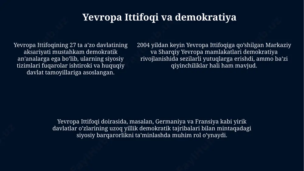 ushi (1936-1939)dan keyin o'rnatildi va uning davrida 200 mingdan ortiq odam qatl etildi yoki qamoqqa olindi. qatl qilinganlarning ko'pchiligi respublika tarafdorlari va milliyistlar edi. franko davrida ispaniyada 36 yildan ortiq davom etgan avtoritar rejim o'rnatildi, bu davrda siyosiy partiyalar taqiqlandi va matbuot qattiq nazoratga olindi, mamlakatning ko'pgina hududlarida, jumladan, madrid va barselona kabi yirik shaharlarda qattiq repressiya siyosati olib borildi. janubiy va shimoliy yevropa mamlakatlarining tarixiy konteksti xvi asrda shimoliy yevropaning ko'plab hududlarida, masalan, skandinaviya mamlakatlarida, mutlaq monarxiyalar hukm surgan bo'lsa, janubiy yevropada esa, ispaniya va portugaliya kabi davlatlar katta dengiz imperiyalariga ega bo'lishgan. 18-asrda fransiya inqilobi shimoliy va janubiy yevropa mamlakatlarining siyosiy tuzumlariga katta ta'sir ko'rsatib, milliy davlatlarning shakllanishi va liberal g'oyalarning yoyilishiga sabab bo'lgan. ikkinchi jahon urushidan keyin, 20-asrning ikkinchi yarmida, sharqiy yevropaning bir qismi sovet ittifoqi ta'siri ostida kommunistik rejimlar tomonidan boshqarilgan bo'lsa, g'arbiy yevropa demokratik yo'l tutishni davom ettirgan. e'tiboringiz uchun rahmat @taqdimot_robot image1.jpg