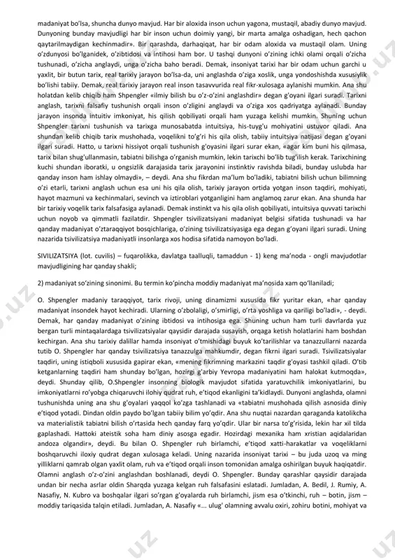 , k. yaspers, k. popper va boshqalar beqiyos hissa qo’shdilar. anglo-frantsuz tarix falsafasi keyingi yuz yilliklarda jahon tarixini o’rganish, uni tadqiq etishda tsivilizatsiyaviy yovdashuv tendentsiyasi ustuvorlik qilmoqda. bu osvald shpengler falsafasining arnold toynbi tomonidan davom ettirilganligi va lokal tsivilizatsiya nazariyasi mumtoz shaklining vujudga kelganligi bilan belgilanadi. darhaqiqat, toynbi «mashhur tsivilizatsiyalar soni unchalik ham katta emas, bizga faqat yigirma bitta tsivilizatsiyaga bo’lish mumkin bo’ldi. biroq ularni davom ettirish mumkin. turli xalqlar, davrlar va mamlakatlarda o’ziga xos turli rivojlanish hodisalari yuz bergan. biroq har tomonlama mustaqil va jiddiy tsivilizatsiyalar soni o’ndan ortmaydi», – deydi. toynbi shunday qilib yigirma bir tsivilizatsiya hodisasini e’tirof etadi. ular qatoriga arab, xitoy, shumer, mayam, hind, ellin, g'arb, xristian (rossiya), uzoq sharq (koreya va yaponiya), eron, misr, arab, meksika, vavilon va boshqa tsivilizatsiyalar kiradi. frantsuz falsafasining yirik namoyandalaridan biri reymon arondir. u milliy tarix falsafasiga ratsionalistik yo’nalishning yorqin namoyandasi sifatida faoliyat ko’rsatdi. uning tarixni o’rganish va tarixiy tafakkur …
