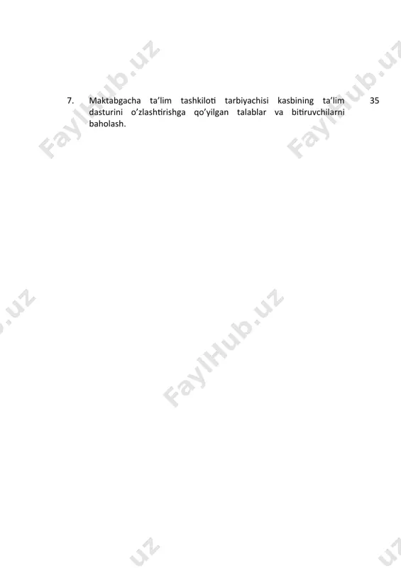 gan tilida fikrini og’zaki va yozma ravishda ravon bayon qilish; uk-6. umuminsoniy fazilatlarga ega bo’lish, o’z millatini va vatanini sevish, u bilan faxrlanish, milliy urf-odatlar, qadriyatlarni hurmat qilish; uk-7. professional vazifalarni samarali bajarish uchun zarur bo’ladigan ma’lumotlarni qidirish; uk-8. kasbiy faoliyatida axborot-kommunikatsiya texnologiyalarini qo’llash; uk-9. kasbga doir hujjatlar bilan ishlash; uk-10. kasbiy faoliyatda xavfsizlik texnikasi va mehnat muhofazasi qoidalariga amal qilish; uk-11. sanoat va nosanoat tashkilotlarda vujudga keladigan chiqindilarni atrof-muhitga zarar yetkazmaslik choralarini koʻrish va utilizatsiya qilish; uk-12. sohaga oid ekologik madaniyatga rioya qilgan holda faoliyat olib borish; 4.2. maktabgacha ta’lim tashkiloti tarbiyachisi kasbi ta’lim dasturini o`zlashtirgan bitiruvchi quyidagi kasbiy kompetentsiyalarga ega bo`lishi kerak: 4.2.1. tarbiyachi kvalifikatsiyasi bo`yicha: kk-1.1. maktabgacha ta’lim tashkilotlari tarbiyachisining turli yosh guruhlarida ta’lim-tarbiya jarayonini belgilangan me’yoriy huquqiy hujjatlar asosida rejalashtirish, tashkil etish va yuritish. kk-1.2. maktabgacha ta’lim metodik fanlarini bilish hamda ta’lim jarayonida zamonaviy, ilg‘or pedagogik texnologiyalarni tadbiq etish va qo‘llash; kk-1.3. maktabgacha ta’lim tashkilotining belgilangan …