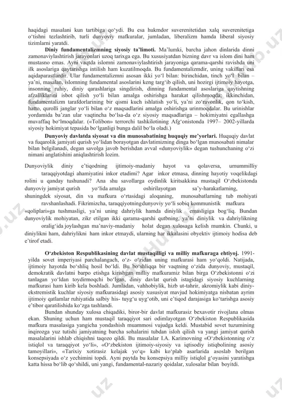 iga qanchalik muvofiq kelishini tarixga qisqacha bir nazar tashlash orqali ko‘rib chiqish zarur. insoniyatning ko‘p ming yillik tajribasi davomida siyosat va din o‘rtasida murakkab, lekin barqaror aloqadorlik vujudga kelgan. siyosat va din o‘rtasidagi o‘zaro munosabatlarning uzoq yillik tarixi siyosatning diniylashuv yoki aksincha, dinning siyosiylashuv davrlari ko‘p marta ro‘y berganligidan dalolat beradi. bunday jarayonlar muayyan ma’noda hozirgi zamonda, xususan markaziy osiyo mintaqasidagi davlatlarda ham ko‘zga tashlanmoqda. aslida, tarixga murojaat qilinsa, antik zamonlardayoq siyosatchilar yevropada ommaga ta’sir ko‘rsatishning eng faol vositasi sifatida xristianlik aqidalaridan foydalanib cherkovni siyosat quroliga aylantirganliklari ma’lum bo‘ladi. insoniyat sivilizatsiyasining keyingi bosqichi – o‘rta asrlarda jahonning ikki yirik dini – islom va xristianlik siyosat va siyosatchilarga shu darajada kuchli ta’sir etdiki, natijada bu dinlar g‘arbda va sharqda barcha davlatlar ustidagi «davlat»ga aylandilar. biroq, yevropadagi reformatsiya, monarxiya rejimlari siyosiy ehtiyojlarini qondirish borasida cherkov mavqeining asta-sekin so‘nib borishi mutlaq siyosiy hokimiyatning mustahkamlanishiga, oxir-oqibatda esa xristian cherkovining siyosatga nisbatan ta’sirining sinishiga olib …