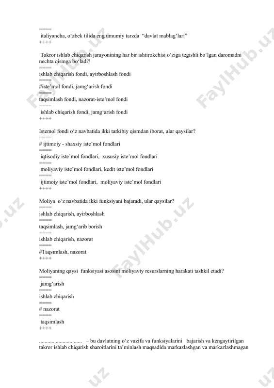 nksiyani bajaradi, ular qaysilar? ==== ishlab chiqarish, ayirboshlash ==== taqsimlash, jamg‘arib borish ==== ishlab chiqarish, nazorat ==== #taqsimlash, nazorat ++++ moliyaning qaysi funksiyasi asosini moliyaviy resurslarning harakati tashkil etadi? ==== jamg‘arish ==== ishlab chiqarish ==== # nazorat ==== taqsimlash ++++ ............................... – bu davlatning o‘z vazifa va funksiyalarini bajarish va kengaytirilgan takror ishlab chiqarish sharoitlarini ta’minlash maqsadida markazlashgan va markazlashmagan pul fondlarini shakllantirish jarayonida yuzaga keladigan, davlat tomonidan tashkil qilinadigan pul munosabatlari yig‘indisidir. ==== moliyaviy kredit ==== # moliya ==== moliya va kredit ==== soliq siyosati ++++ respublikamiz iqtisodiyotining barqaror rivojlanib borayotgani ………. yildan boshlab davlat byudjeti profitsit bilan bajarilmoqda. ==== # 2005 ==== 2007 ==== 2006 ==== 2002 ++++ quyidagilardan qaysi biri moliyaning harakterli belgilaridan hisoblanadi? ==== isloxatlarning bosh tashkilotchisi bulmish moliyaning mavjudligi. ==== isloxatlarning tashkilotchisi bulmish jamiyatning mavjudligi. ==== # isloxatlarning bosh tashkilotchisi bulmish davlatning mavjudligi. ==== isloxatlarning tashkilotchisi bulmish byudjetning mavjudligi. ++++ quyidagilardan qaysi biri moliyaning harakterli …