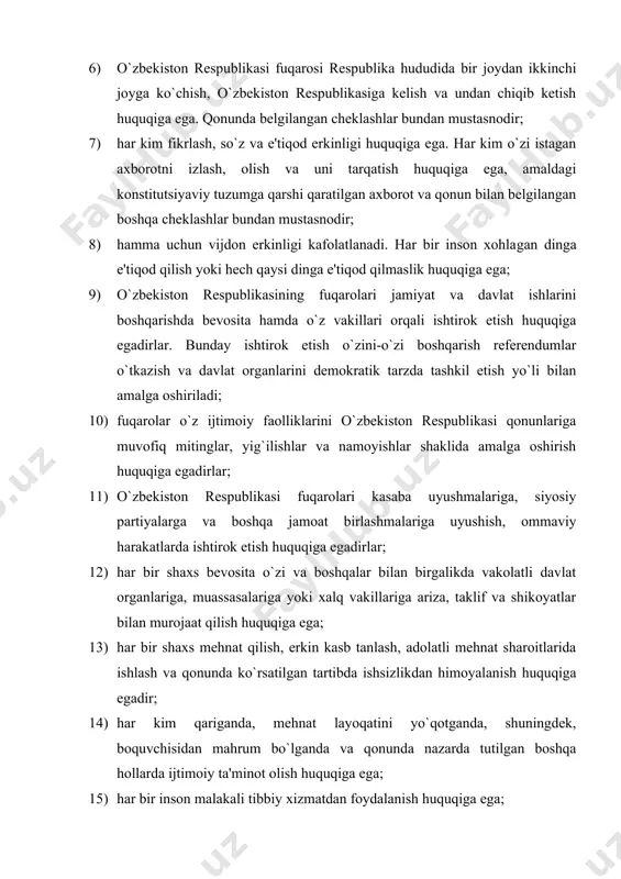 huquqi kafolatlanadi. fuqarolar ma'muriy-huquqiy holatining ikkinchi asosiy tarkibiy qismi - bu fuqarolarning davlat boshqaruvi sohasidagi burchlari va majburiyatlaridir. o`zbekiston respublikasi konstitutsiyasiga binoan o`zbekiston respublikasi fuqarolari quyidagi burchlarni bajaradilar: 1) fuqarolar konstitutsiya va qonunlarga rioya etishga, boshqa kishilarning huquqlari erkinliklari, sha'ni va qadr-qimmatini hurmat qilishga majburdirlar; 2) fuqarolar o`zbekiston xalqining tarixiy, ma'naviy va madaniy merosini avaylab asrashga majburdirlar; 3) fuqarolar atrof tabiiy muhitga ehtiyotkorona munosabatda bo`lishga majburdirlar; 4) fuqarolar qonun bilan belgilangan soliqlar va mahalliy yig`imlarni to`lashga majburdirlar; 5) o`zbekiston respublikasini himoya qilish – o`zbe-kiston respublikasi har bir fuqarosinining burchidir. fuqarolar qonunda belgilangan tartibda harbiy yoki muqobil xizmatni o`tashga majburdirlar. fuqarolarning davlat boshqaruvi sohasidagi huquqlari va majburiyatlari konstitutsiyasidan tashqari, amaldagi qonun hujjatlari bilan ham belgilanadi. amaldagi qonunchilik hujjatlaridan kelib chiqadigan bo`lsak, fuqarolarning ma'muriy huquqiy holati tarkibiga kiruvchi huquqlar va majburiyatlarni to`rtta guruhga birlashtirish mumkin: birinchi guruhni - fuqarolarning davlat ishlarini boshqarishda bevosita yoki o`z vakillari orqali ishtirok etishi, davlat xizmatida bo`lishi …