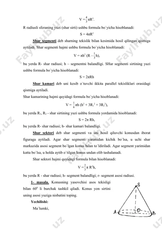 : 0,5. 2 – masala. shar radiusi sm bo`lib, yon sirti asosidan 3 marta katta bo`lgan konusga tengdosh. konus balandligini toping. yechilishi: shar radiusini r bilan, ya`ni r= sm; r, h, l larni mos ravishda konusning asosini radiusi, balandligi va konusning yasovchisi deb belgilaylik. u holda masala shartiga ko`ra, ya`ni πr2 h = π r3, πrl = 3π r2. quyidagi tenglamalar sistemasini tuzamiz: r2h = 8 l = 3r l2 = r2 + h2 bu yerdan н = 4 sm ekanligini topamiz. javob: 4 sm. 3 – masala. tomonlari 10, 17, 21 sm bo`lgan uchburchakni katta tomoni atrofida aylantirildi. hosil qilingan aylanish figurasini hajmi va sirtini hisoblang. yechilishi: ∆abc uchburchakni ac tomoni atrofida aylantirishdan hosil qilin- gan figurani hajmi va sirti, bab1 va bcb1 ikki konus hajmlari va sirtlari yig`indisiga mos ravishda teng, ya`ni vabcb , = vbab , + vbcb , sabcb , = syonbab + syonbcb , yoki …