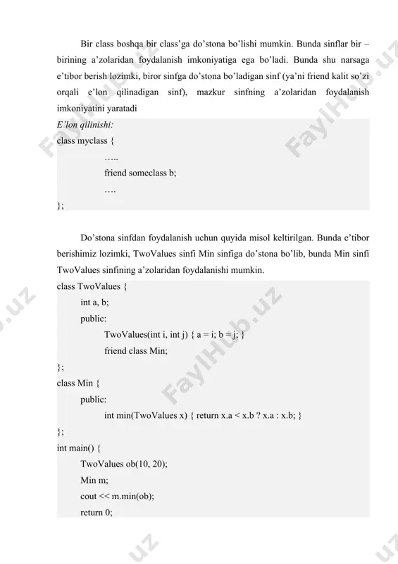 return 0; } obyektlar massivi c++ da obyektlar massivini yaratish mumkin. yaratish qolgan tiplarni yaratganday yaratiladi. yaratish va murojat qilish: class xy { public: int a, b; void sum(); }; // obyekt massivini yaratish xy a[10], b[3] = {1, 2, 3}; //obyekt a’zolariga murojat qilish a[0].a = 5; a[0].b = 8; a[0].sum(); a.b = 10; < -- errorrrrrrrrr, chunki a massiv quyidagi misolda obyektla rmassivi yaratiladi va ushbu obyektlar orqali set_num() funksiyasiga qiymat jo’natiladi. bunda har obyektda alohida alohida qiymatlar saqlanadi. class c1 { int a; public: int get_num() { return a;} void set_num(int x) { a = x; } }; int main() { c1 a[3]; // a obyektdan 3 ta yaratildi, yani massiv hosil bo’ldi for(int i=0; i<3; i++) a[i].set_num(i); // obyekt a’zolariga murojat qilish return 0; } obyektlar massivini inisalizatsiya qilish agar parametrli konstruktor mavjud bo’lsa obyektlarni inisalizatsiya qilsa bo’ladi. class c1 { int a, b; public: int …