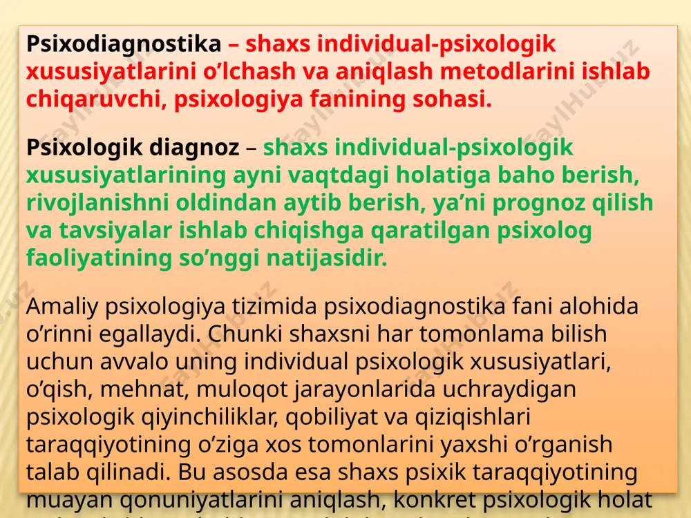 h va o‘tkazishning amaliy jabhalarini qamrab oladi hamda quyidagi vazifalardan iboratdir: -psixodiagnostga mutaxassis sifatida qo‘yiladigan kasbiy talablarni aniqlashtirish; -psixolog haqiqatdan ham u yoki bu psixodiagnostik metodlarni mutaxassis sifatida muvaffaqiyatli o‘zlashtirib olgani haqida minimal amaliy shartlar, ya'ni kafolat sifatida; -psixodiagnostika sohasida o‘z ishini muvaffaqiyatli amalga oshirish uchun psixolog o‘zida mujassamlashtirishi shart bo‘lgan bilim, ko‘nikma va malakalar; -psixologning psixodiagnostika sohasida malakali mutaxassis ekanligini hamda amaliy jihatdan tayyorgarligini baholash mezonlarini hamda dasturlarini ishlab chiqish. psixodiagnostika xususiy jihatdan quyidagi vazifalarni amalga oshiradi: -bola tug‘ilgandan boshlab maktab ta'lim jarayoniga tayyorgarligi, yosh davrlarining psixologik taraqqiyot dinamikasini o‘rganadi (bilish jarayonlari, intellektual qobiliyatlari, shaxs sifatlari hamda shaxslararo munosabatlarini). bunda har bir bolaga maxsus psixodiagnostik kartochka to‘ldiriladi va uning rivojlanish ko‘rsatkichlari har oyda yoki yilda qayd qilinib boriladi; -har bir bolaning psixik va xulqiy rivojlanishidagi individual qobiliyatlarini tekshirish, uning o‘rtacha standart me'yorlardan chetlashishlari, ya'ni ijobiy (rivojlanishda oldindami), salbiy (rivojlanishdagi qoloqligi) tomonlarini aniqlash; psixodiagnostik va eksperimental tekshiruv bosqichlari simptomatik diagnozda …