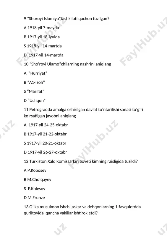 lmiy-tadqiqot institute va muassasalari bor edi? a 75ta b 34ta s 27ta d 45ta 30 qatag’onga uchragan “milliy ittihod” va “milliy istiqlol”tashkilotining rahnamosi kim edi? a abdurauf fitrat b munavvarqori s abdulla qodiriy d f.xo’jayev 31 sssrda ikkinchi jahon urushi yillaridagi davlat mudofa qo’mitasi (dmq) kim boshchiligida tuzildi? a jukov b xrushchov s stalin d niyatloshka 32 o’zbekiston sanoatchilari 1941-yil oxirigacha qancha korxonani jangovor texnika,qurollar,o’q-dori ishlab chiqarishga moslashtirilib qayta qurishdi? a 180 ta b 300 ga yaqin s 278 ta d 100 dan ziyod 33 1941-yil 1-oktabrgacha o’zbekiston sog’liqni saqlash xalq komissarligi tizimida nechta gospital barpo etildi? a 35 ta b 47 ta s 50 ta d 28 ta 34 urush yillarida ko’chirib keltirilgan necha yoshgacha bo’lgan bolalar maktab internatlard,bolalar uylariga joylashtirildi? a 9 yoshgacha b 13 yoshgacha s 15 yoshgacha d 10yoshgacha 35”o’zbekiston-bu front orqasi emas,o’zbekiston-jang maydoni”.ushbu fikrlar kimga tegishli? a sh.rashidov b u.yusupov s y.oxunboboyev d a.ikromov 36 …