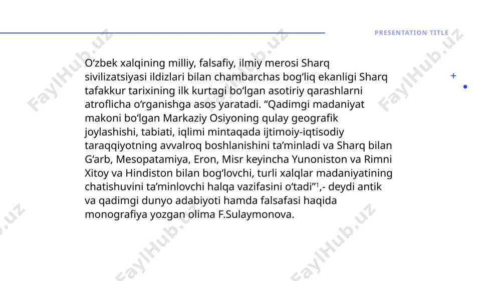 shlaydi. turonliklarning og‘zaki ijodining eng dastlabki namunalari bizgacha etib kelgan. masalan, to‘maris, spitamen, zarin, cho‘pon, shiroq xaqidagi afsonalar shular jumlasidandir. ularda turon xalqlarining vatanparvarlik xislatlari madx etiladi.miloddan avvalgi vi asrdan to milodning iii asrigacha turonda zardushtiylik va u bilan bogliq dunyoqarash xukmronlik qilgan presentation title 8 presentation title 9 presentation title 10 mazdakiylik ham turonda keng tarqalgan. uning asoschisi mazdak (470-529) zardushtiylik koxinlari va zodagonlariga qarshi kurashga boshchilik qilgan. uning ta’limotiga ko‘ra, olamda ezgulik, yorug‘lik manba’i bilan qorong‘ulik (johillik) o‘rtasidagi kurashda «yaxshilik» «yomonlik» ustidan g‘alaba qozonadi.mazdakiylik g‘oyalari eron va turonda keng yoyilib, saltanat hamda boy-zodagonlar uchun xavf soladi. chunki bu ta’limotga ko‘ra, o‘ziga tinch, boy odamlar nochor kishilarga yordam qo‘llarini cho‘zishlari kerak edi. aks holda ular mulkining bir qismi zo‘rlik bilan qashshoqlarga olib berilardi. mazdakiylik harakati bostirilib, mazdak qatl etilgan bo‘lsa-da, ammo uning ta’limoti eron, turon, ozarbayjon xalqlarini zulmga, adolatsizlikka qarshi kurashida qo‘l keldi. turonni arablar bosib olgach, ularga qarshi …