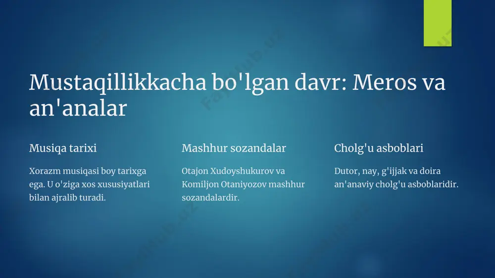. musiqa sohasidagi muammolarni hal etish yo'llari mavjud. sohani rivojlantirish uchun takliflar berilmoqda. 8 xorazm musiqasining kelajagi istiqbollar musiqa san'atining istiqbollari porloq. 1 texnologiyalar ta'siri zamonaviy texnologiyalar ta'siri katta. 2 integratsiya jahon madaniyatiga integratsiya jarayoni. 3 musiqa san'atining istiqbollari va rivojlanish tendensiyalari yuqori. texnologiyalar sohani o'zgartirmoqda. 9 xulosa: xorazm musiqasi - millat g'ururi mustaqillik yillarida xorazm musiqasi katta yutuqlarga erishdi. san'atkorlar mamlakat ravnaqiga hissa qo'shdi. kelajak avlodga meros qoldirish va uni asrab-avaylash zarur. 10 image6.png image7.png image8.png image9.png image10.png image11.png image12.png image13.png image14.png image15.png image16.png image17.png image18.png image19.png image20.png image21.png image22.png image23.png image24.png image25.png image26.png image27.png image28.png image2.png image3.png image4.png image5.png